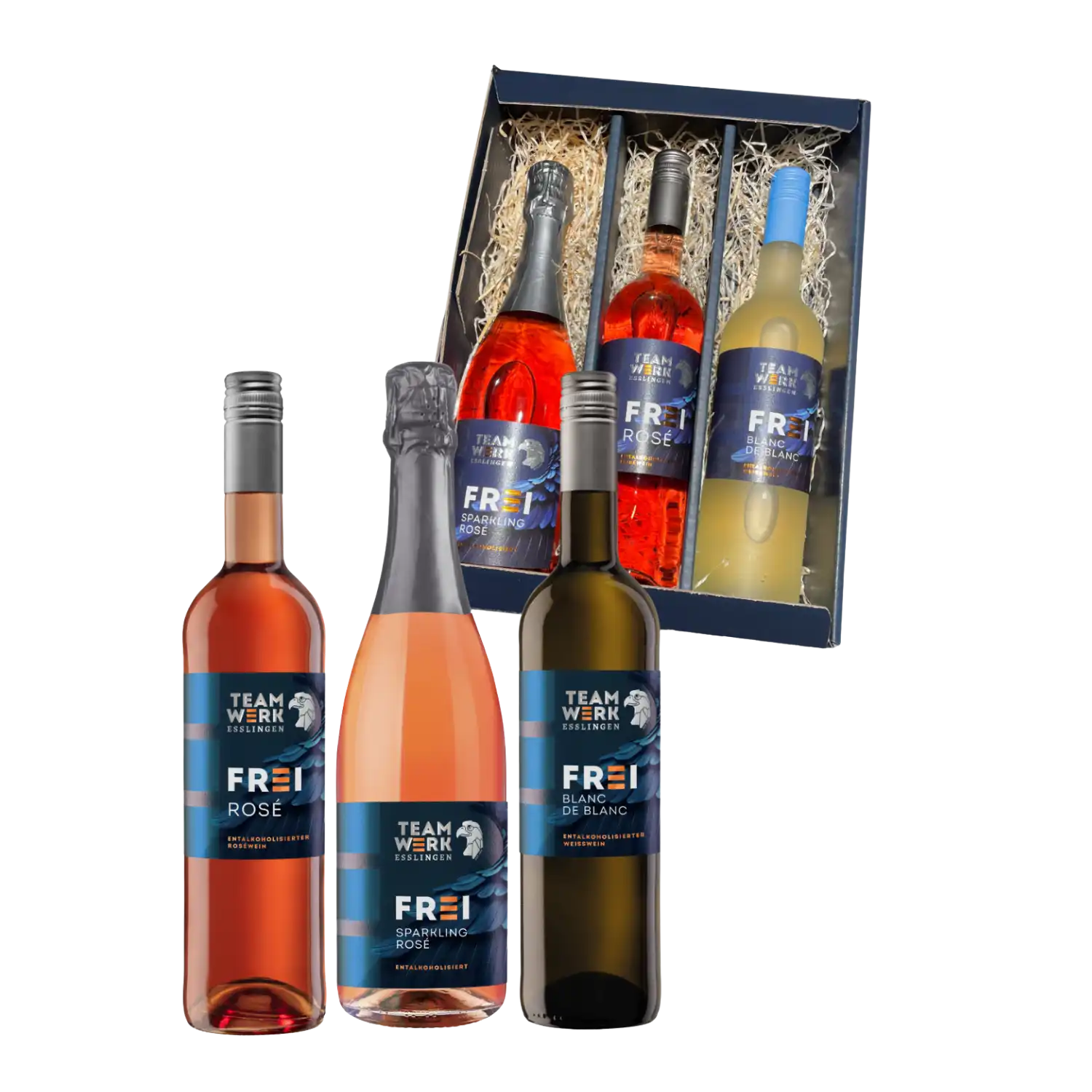 Drei Flaschen FREI-Paket und eine FREI Sparkling Rosé Geschenkbox mit Strohhalm.
