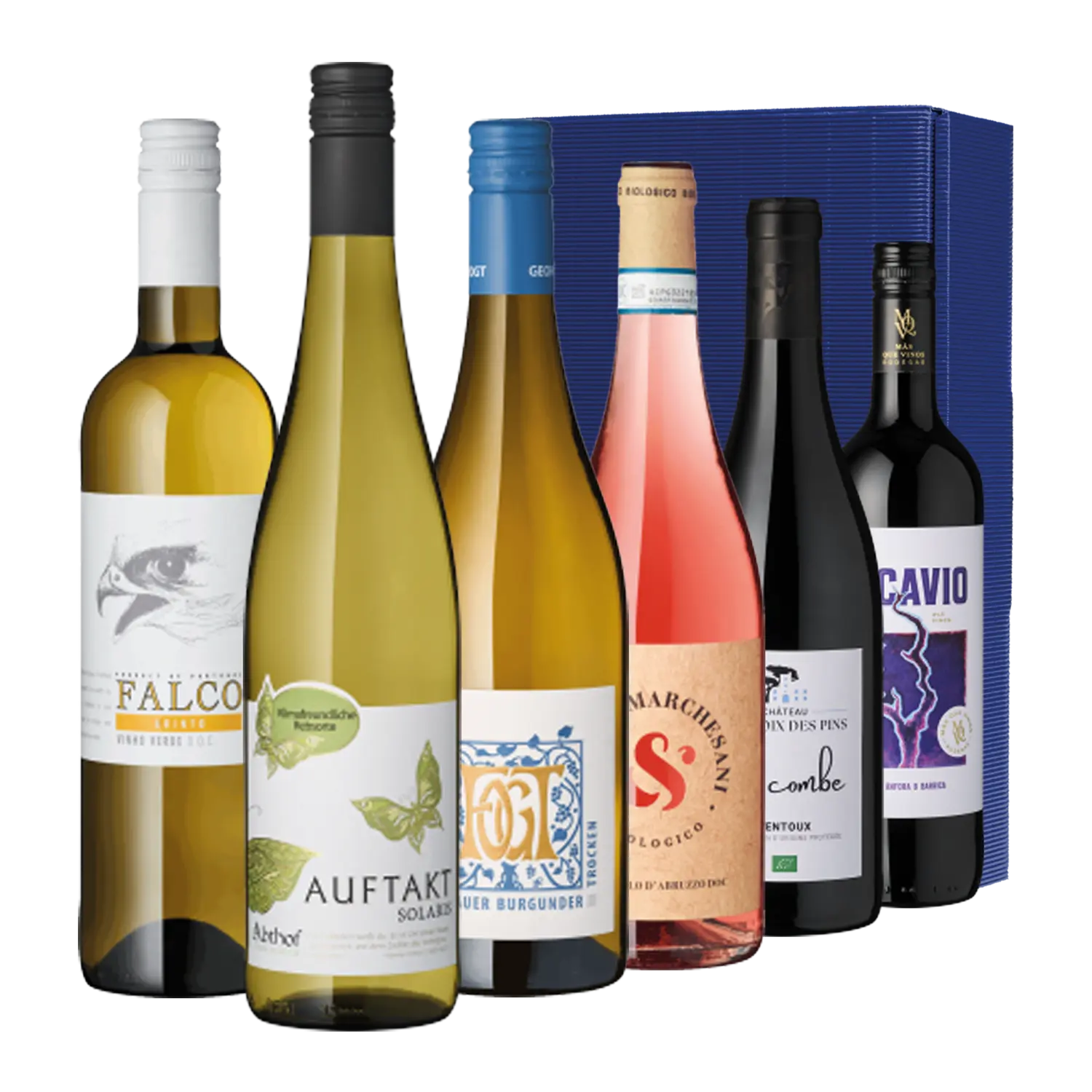 Sechs Bio Weine in blauer Geschenkbox - Frühjahrsedition 2026 Paket.