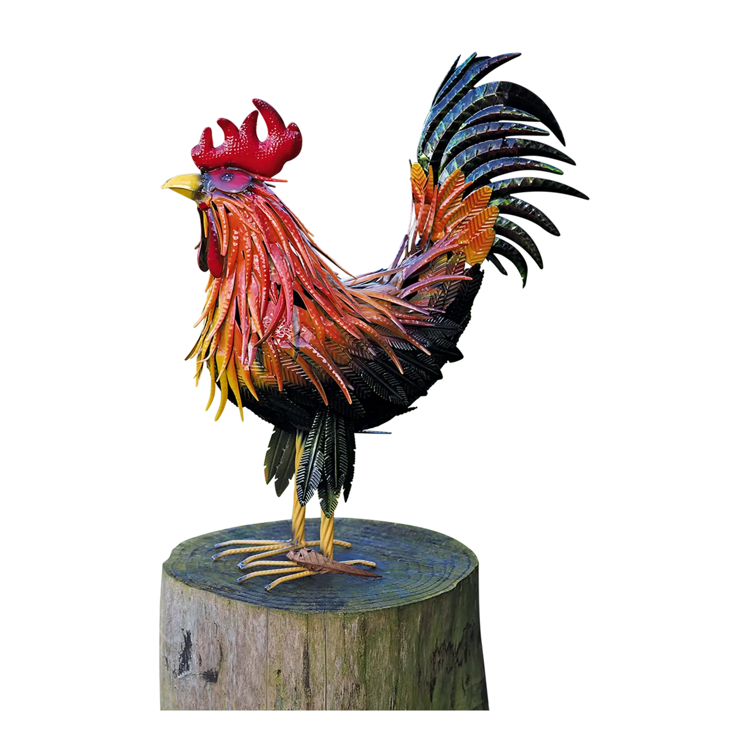 Gartenfigur Hahn "Fridolin" aus Metall, wetterfest, auf Holzstumpf stehend.