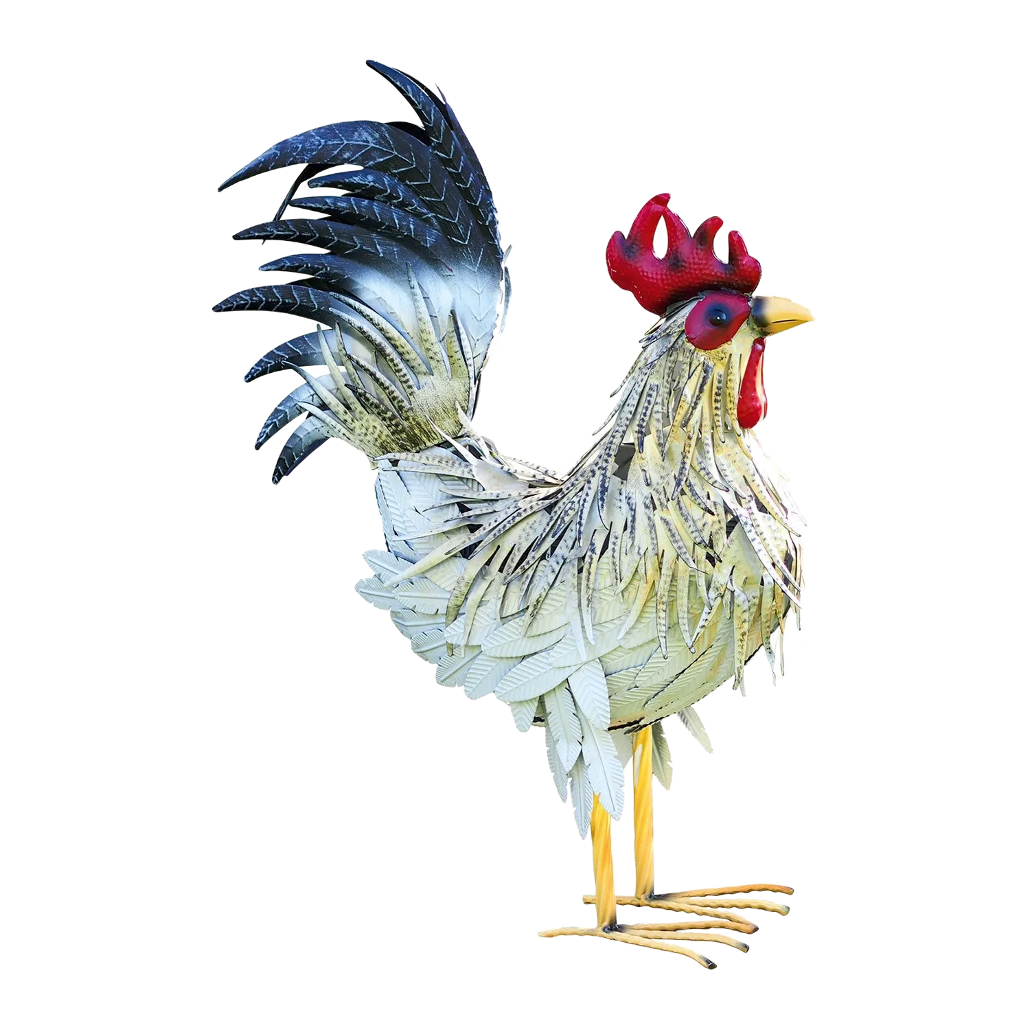 Gartenfigur "Hahn Fritz" aus Metall mit weißem Körper und rotem Kamm.