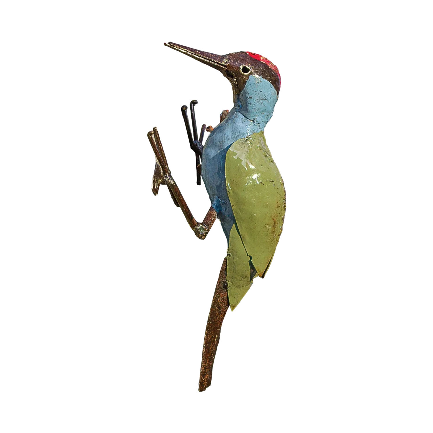 Gartenfigur "Specht": bunte Metallkunst-Vogelskulptur für den Garten.