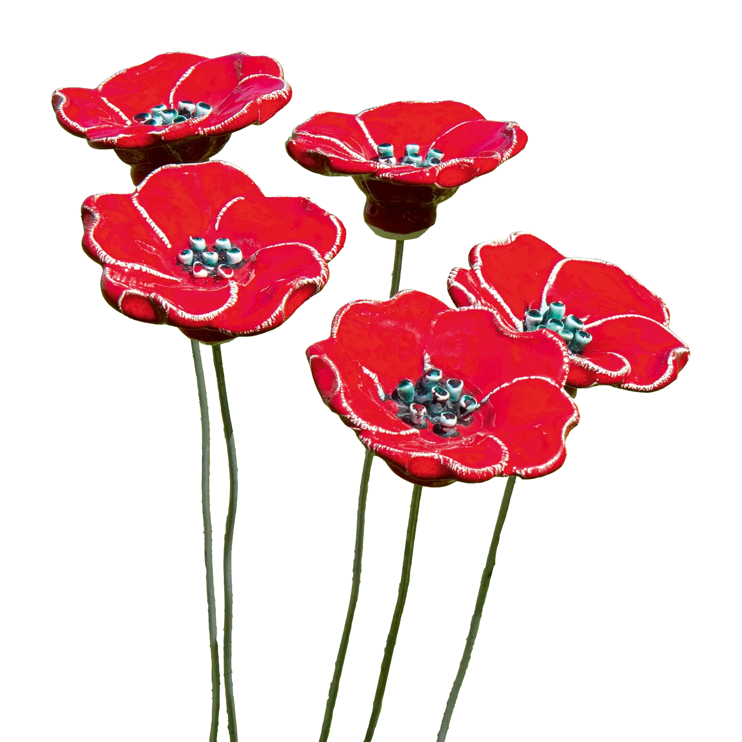 Fünfteiliges Keramik Gartenstecker-Set "Rote Blüten" auf weißem Hintergrund.