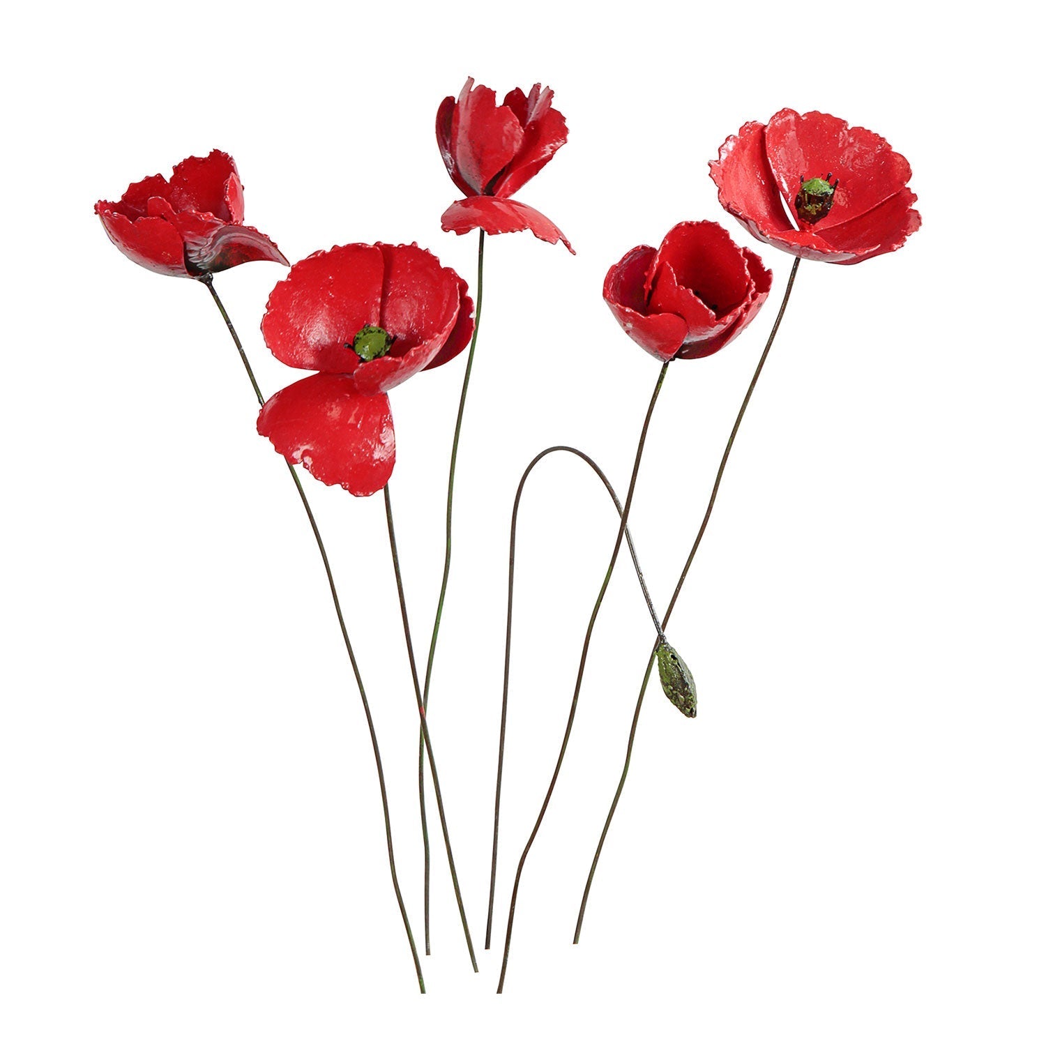 Das Gartenstecker-Blumenset "Roter Mohn" zeigt rote Mohnblüten mit langen, schlanken grünen Stielen vor weißem Hintergrund. Ihre leuchtenden Blütenblätter und die kleine grüne Mitte strahlen Schlichtheit aus und eignen sich ideal als Gartendekoration.