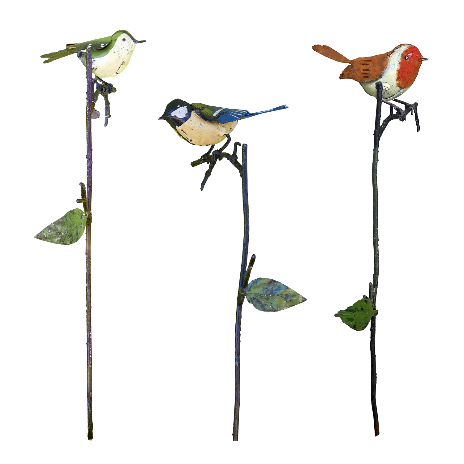 Set aus drei Frühlingsdeko Gartenstecker Singvögel für den Garten.