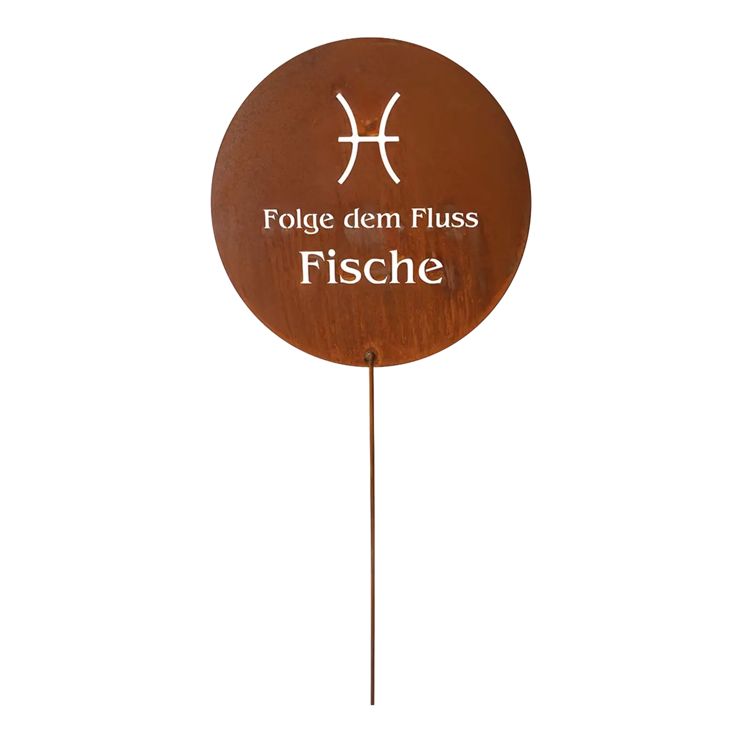 Designstecker Fische Edelrost Sternzeichen mit "Folge dem Fluss Fische".