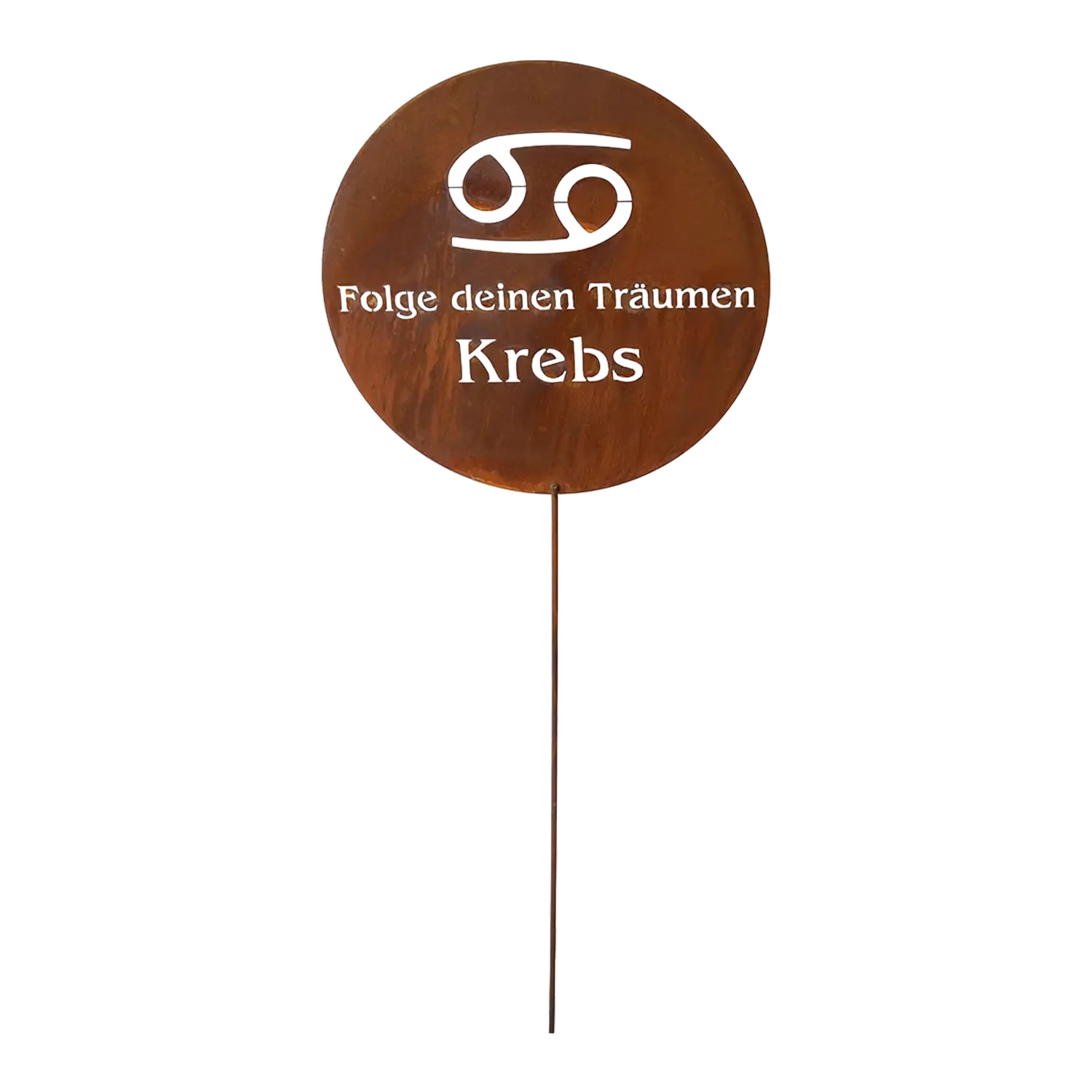 Designstecker Rost Krebs Edelrost mit Sternzeichen und deutschem Text auf Stab.