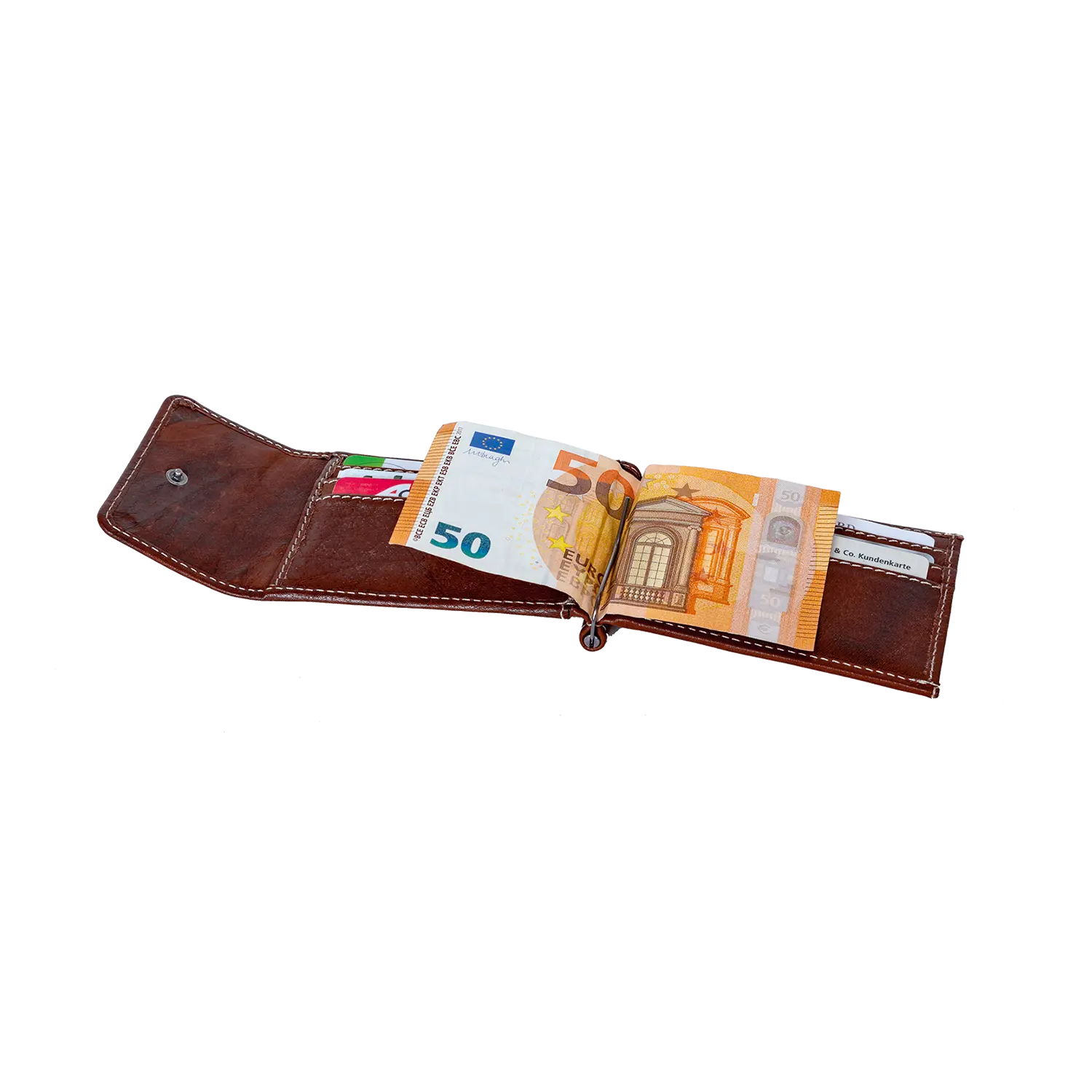 Geldbeutel Zaster aus Büffelkalbsleder offen mit Euro und Karten auf Weiß.