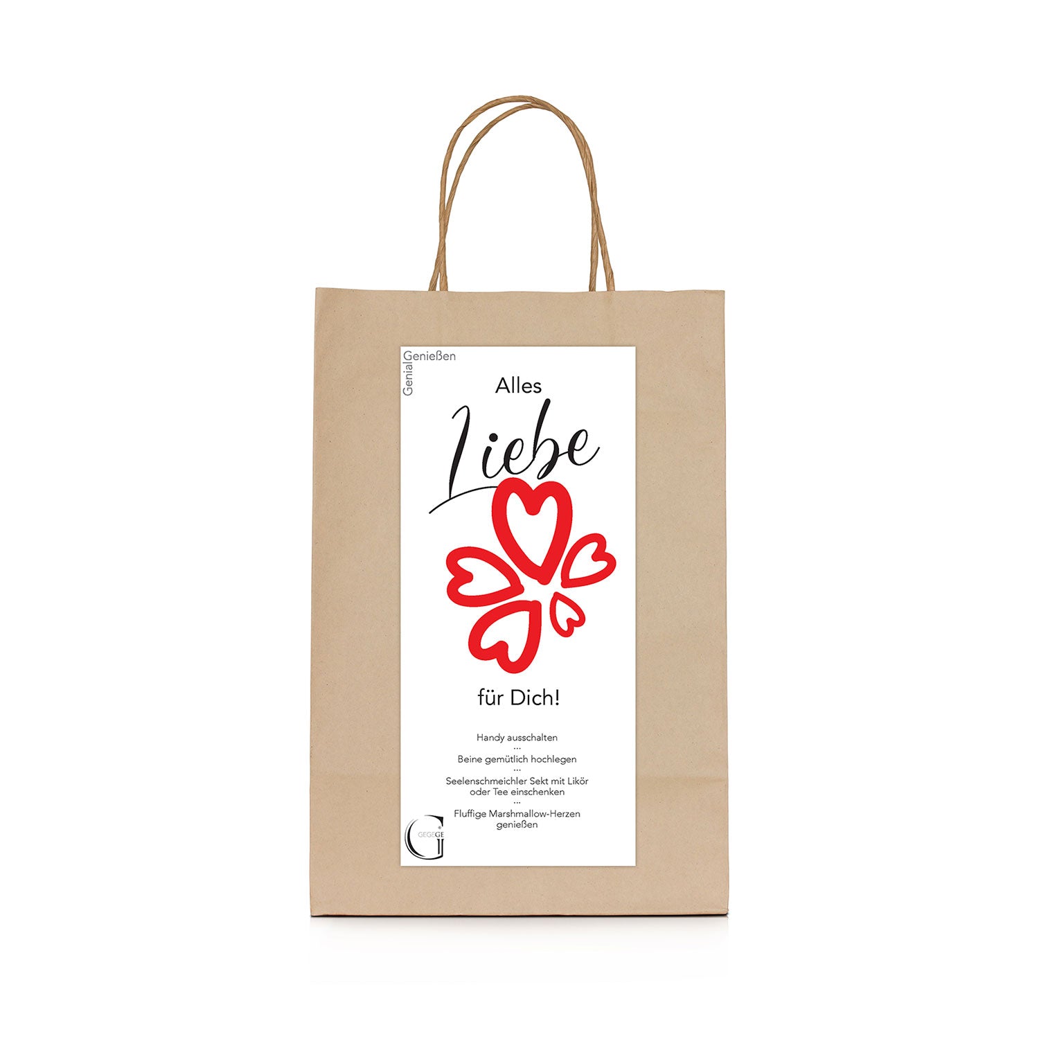 Die „Alles Liebe für Dich – Geschenktüte“ ist eine braune Tüte mit einem weißen Etikett mit großem „G“-Logo, der Aufschrift „Alles Liebe für Dich!“ und roten Herzen. Es schlägt Aktivitäten wie das Anzünden einer Kerze und das Genießen beruhigender Musik vor und macht es zu perfekten Geschenken für Frauen.