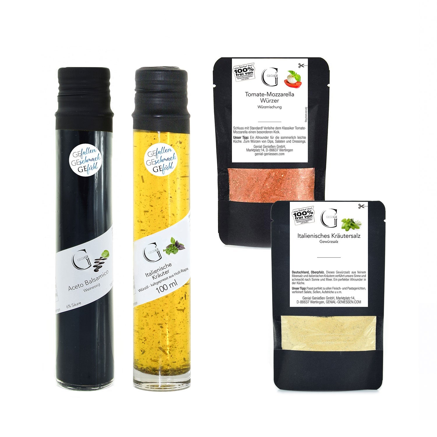 Das Little Italy - Geschenkset enthält zwei Glasfläschchen mit Aceto Balsamico di Modena und italienischem Kräuteröl sowie zwei Beutel Tomaten-Mozzarella-Gewürz und italienisches Kräutersalz, auf Deutsch beschriftet und elegant präsentiert.