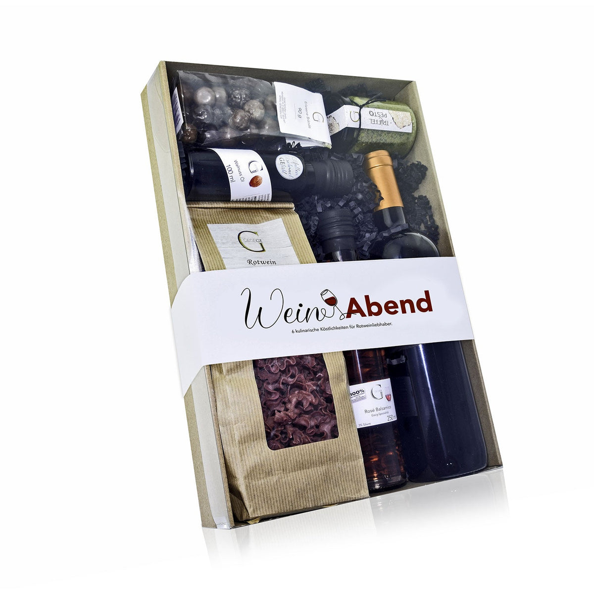 Geschenkset für einen Weinabend mit Rotwein und verschiedenen Feinkost-Spezialitäten