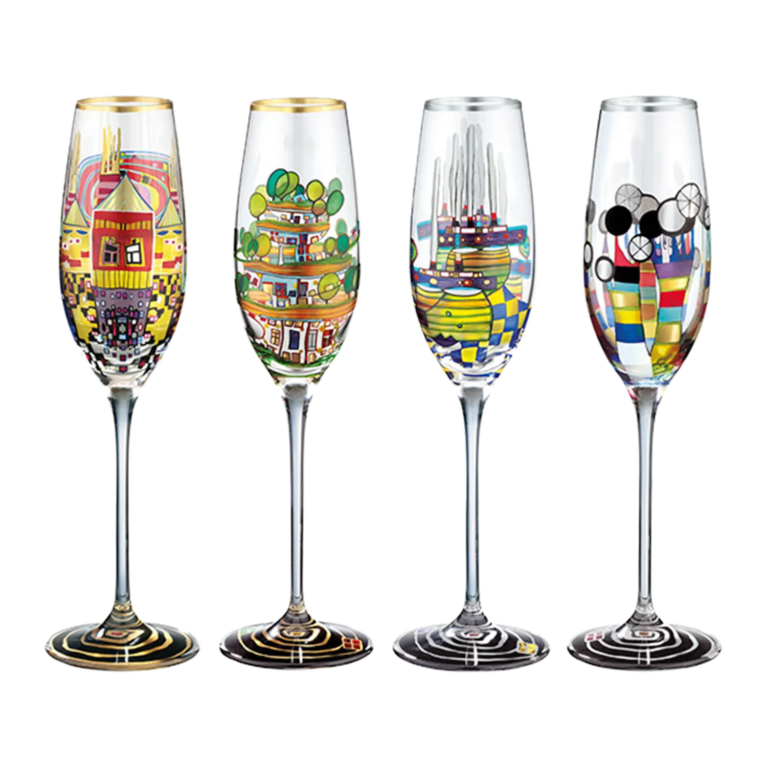 4-teiliges Gläserset mit lebendigen, abstrakten Motiven.