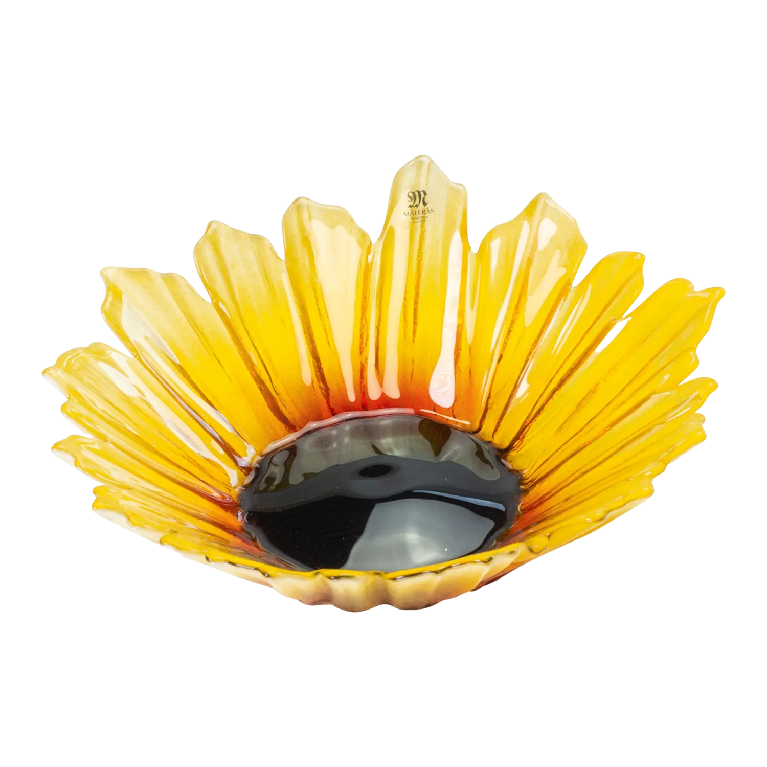 Glasschale "Sonnenblume" mit leuchtend gelben Sonnenblumenblättern von Glashütte Målerås.