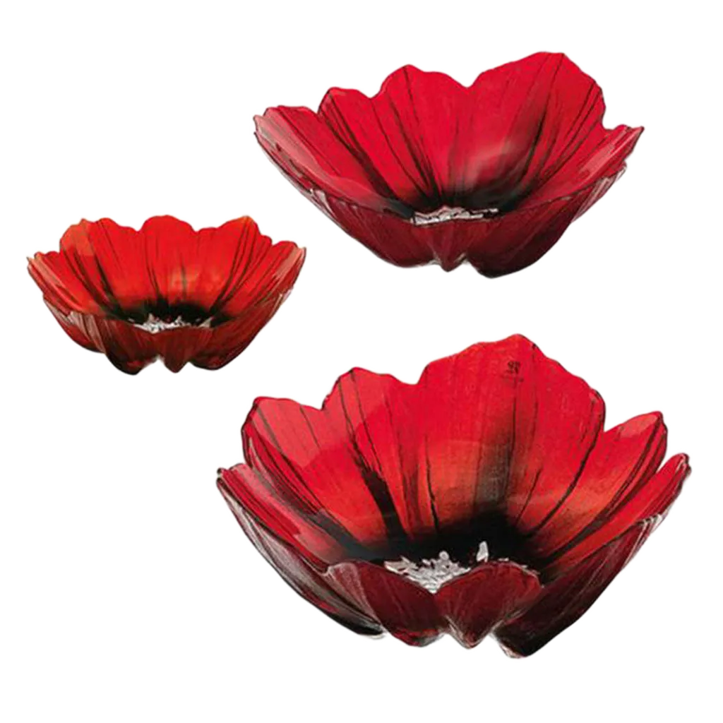 Satz von 3 Glasschalen "Mohnblüte" auf weißem Hintergrund.