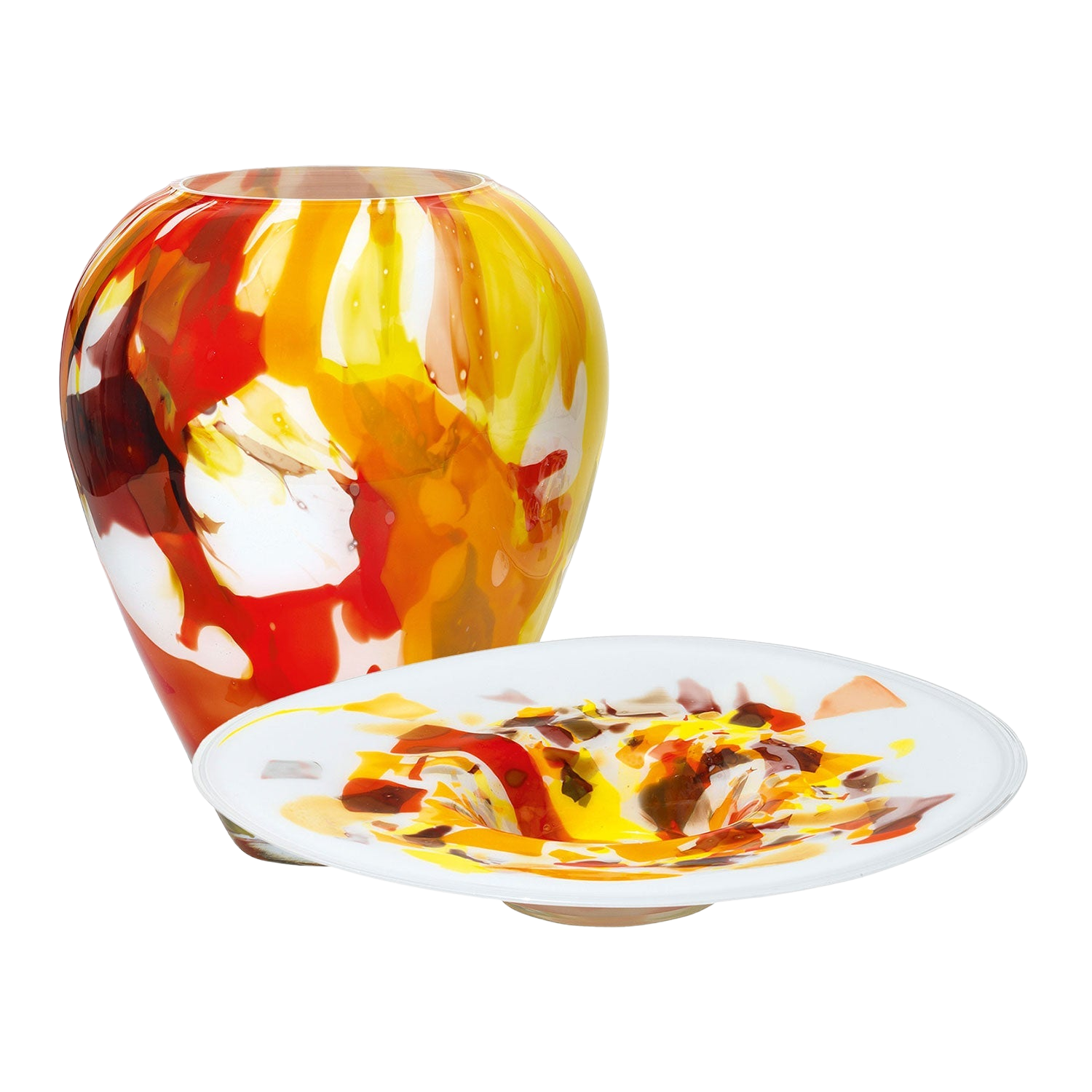 Buntes Set aus Glasvase und Schale "Amarillo" mit kühnen abstrakten Motiven.