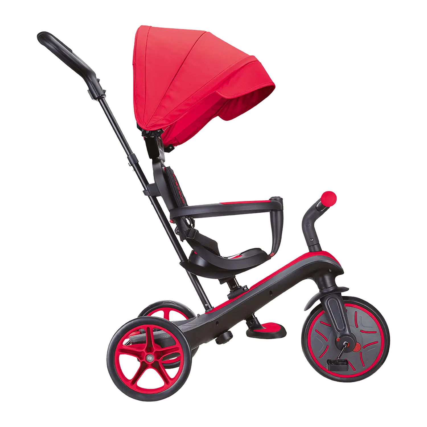Globber Explorer Trike 4 in 1 in Rot/Schwarz im Kinderwagen-Modus mit Sonnenverdeck