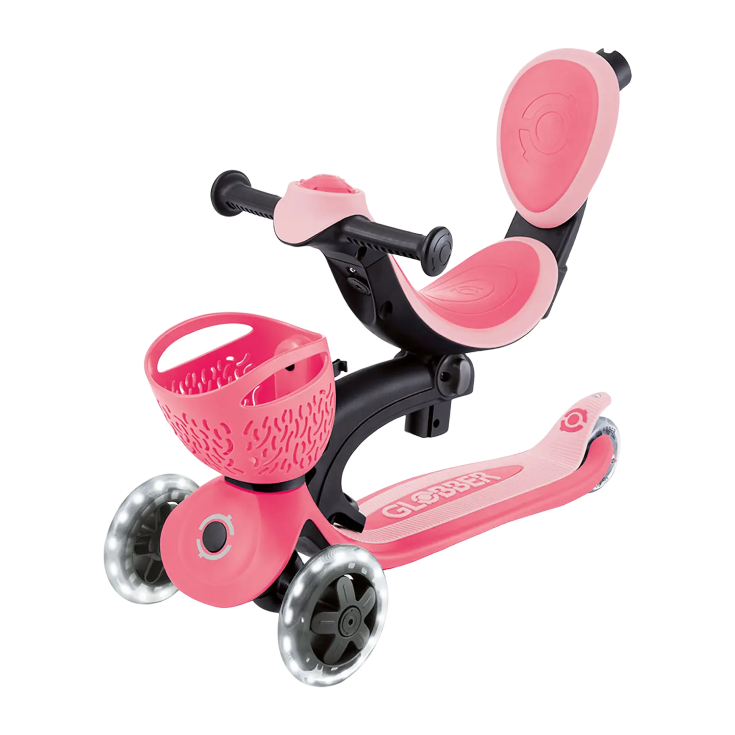 Globber Go-Up Baby Kinderfahrzeug: rosa Aufsitzroller mit Sitz und Korb.