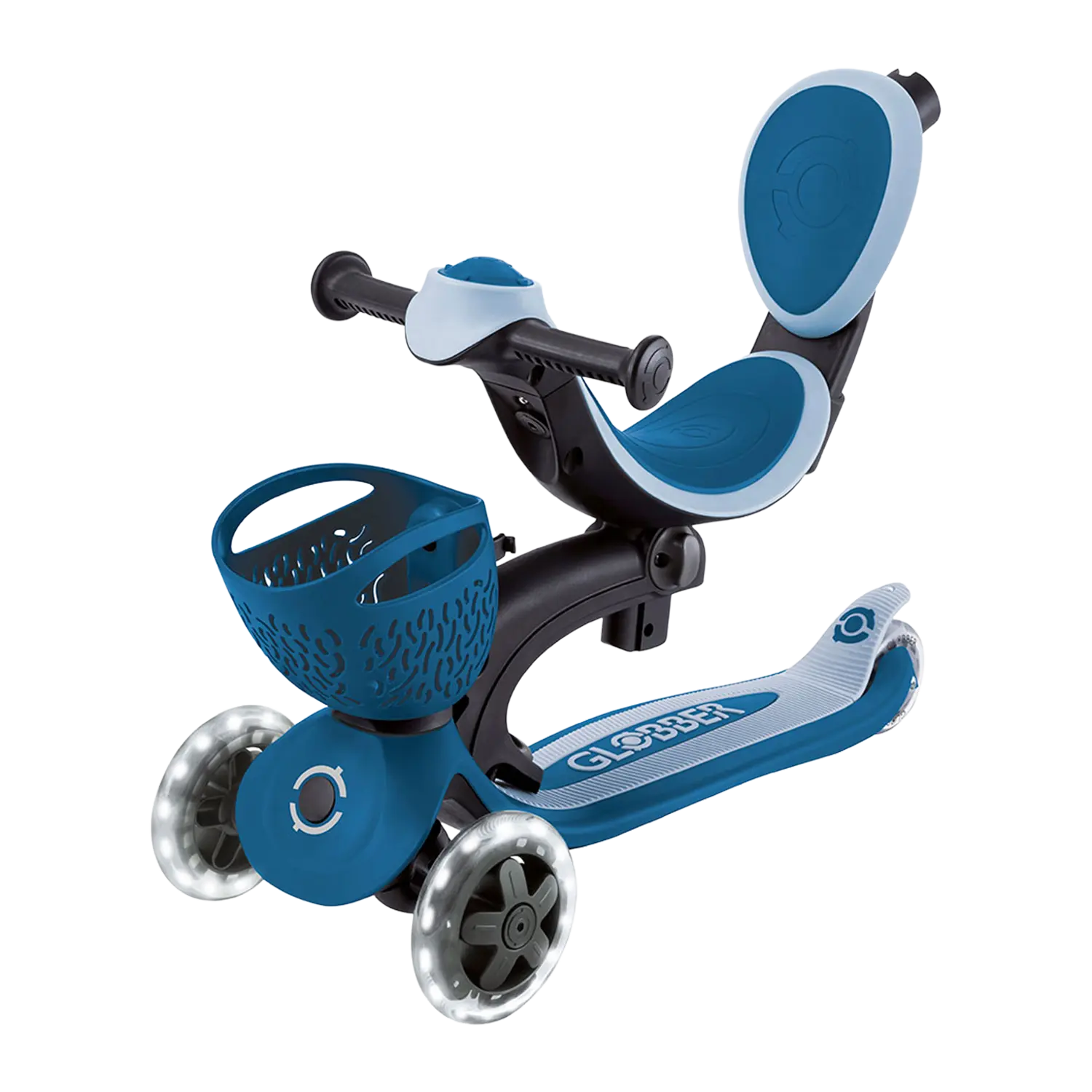 Globber Go-Up Baby in Petrol mit LED-Leuchträdern, Sitz und Korb