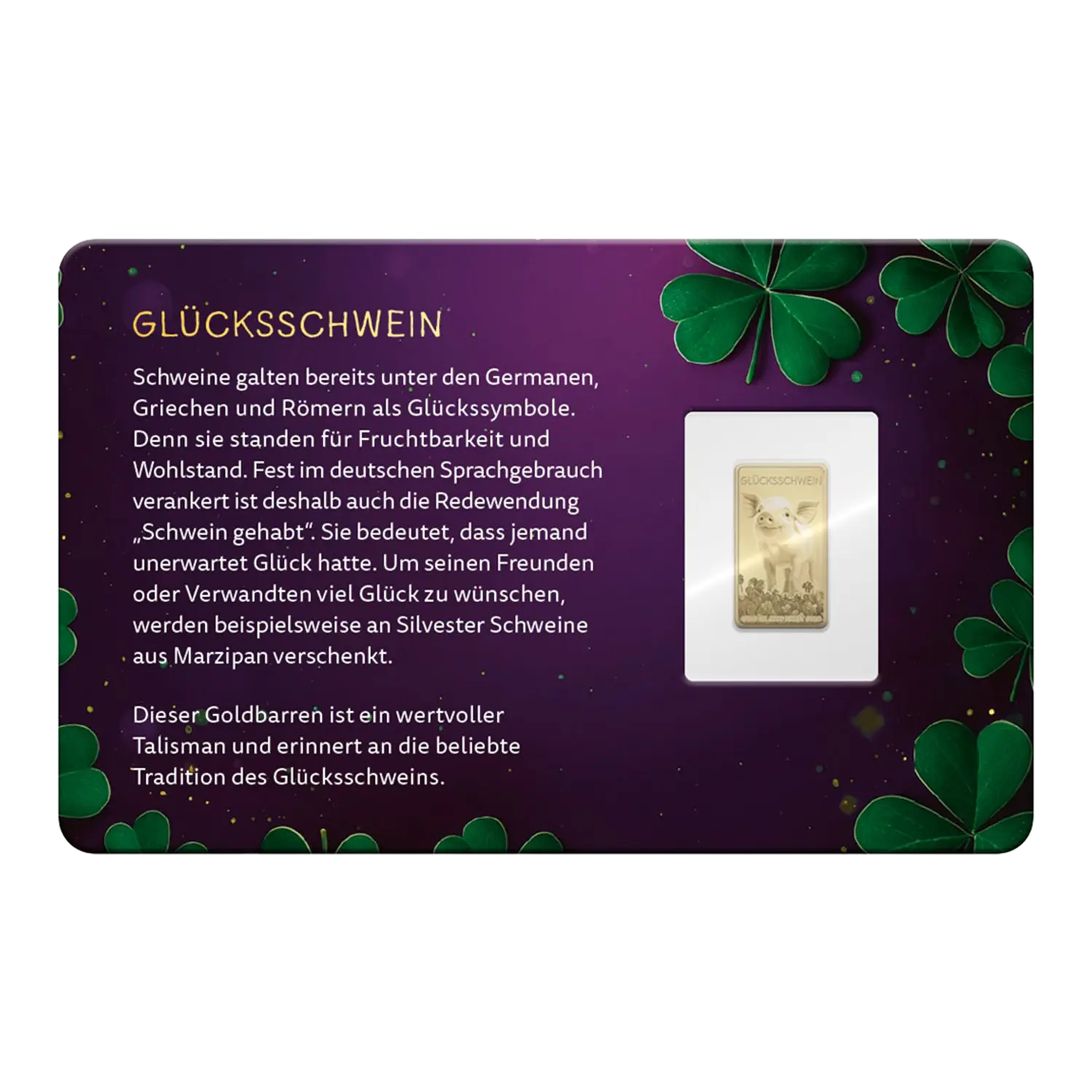 Karte mit deutschem Text "Goldbarren Glücksschwein" und einem Goldbarren, objektgerechter Einband.