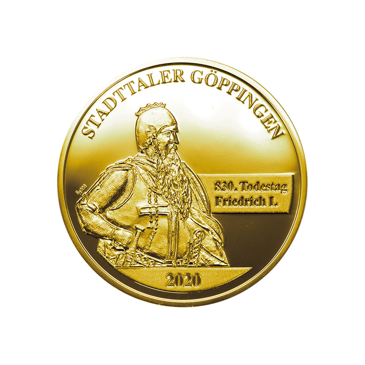 Der Göppinger Stadttaler 2020 – Feingold zeigt die Gravur einer bärtigen, gekrönten historischen Figur mit Schwert. Er enthält neben der Jahreszahl „2020“ auch die deutschen Texte „STADTTALER GÖPPINGEN“ und „830. Todestag Friedrich I.“ und unterstreicht damit seinen Sammlerwert unter den Sonderausgaben.