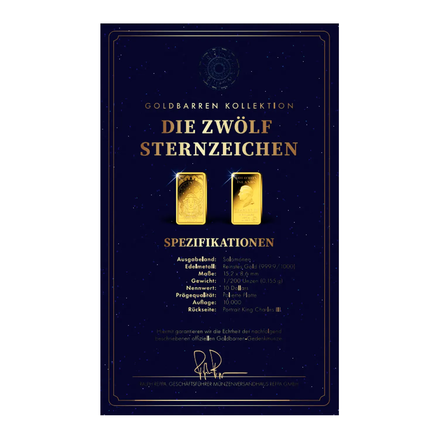 Goldbarren Sternzeichen Jungfrau Zertifikat mit 2x 9 Feingold 999, deutsch.