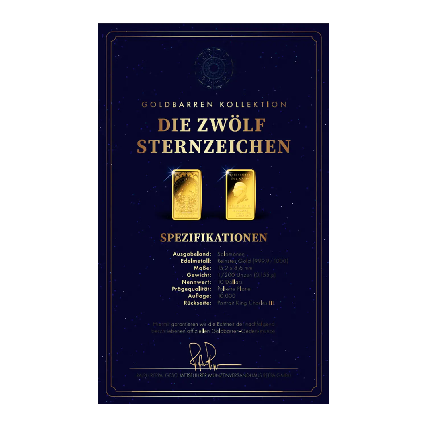 Goldzertifikat mit Goldbarren Sternzeichen Skorpion und deutschen Angaben.