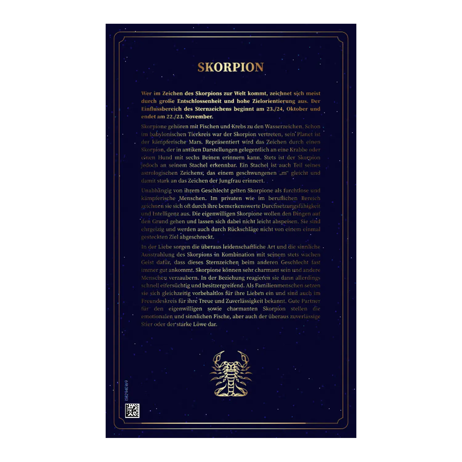 Dunkelblaues Plakat mit goldenem Text und Skorpion, Goldbarren Sternzeichen Skorpion.