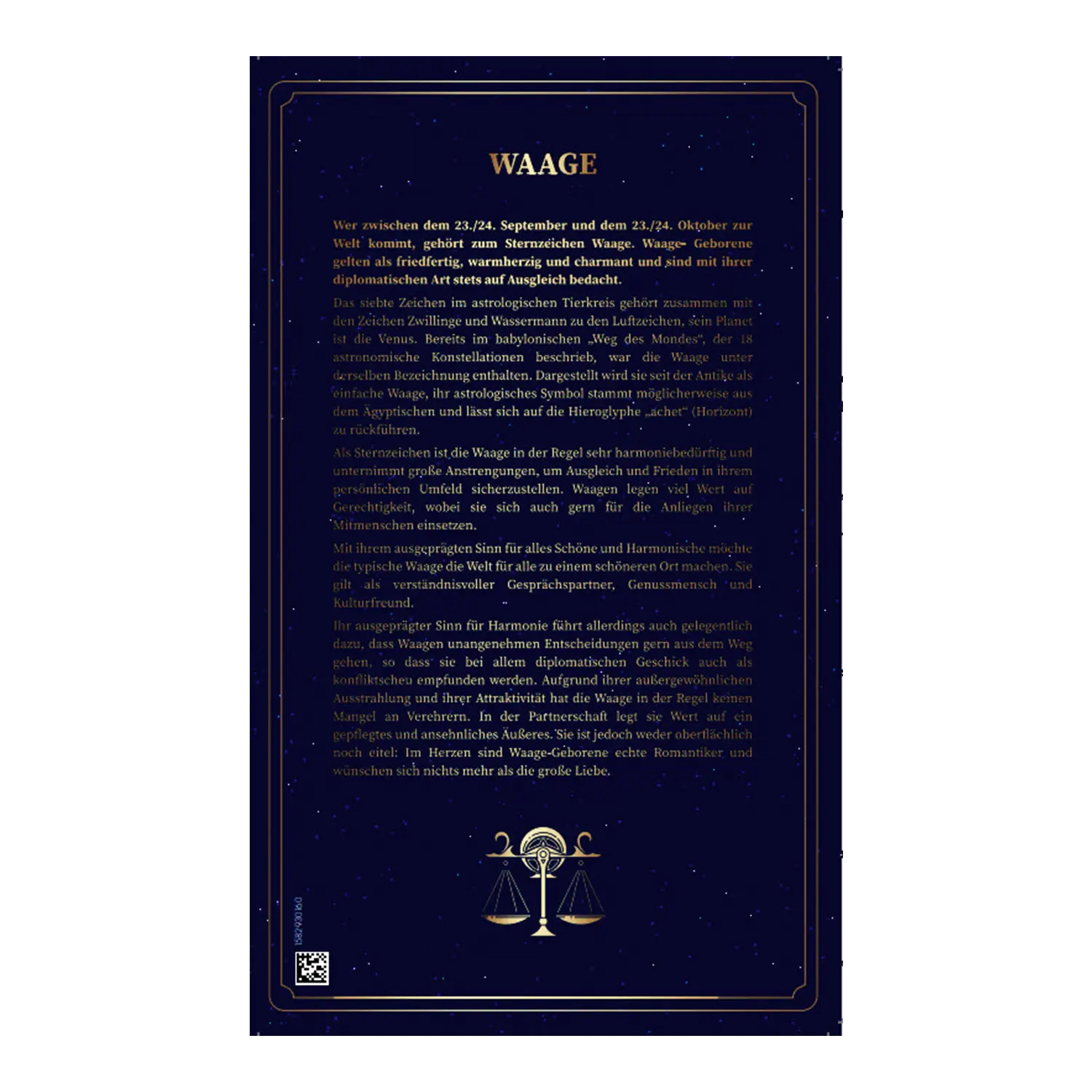 Dunkelblaue Karte mit Goldbarren Sternzeichen Waage mit ausgeglichener Waage.