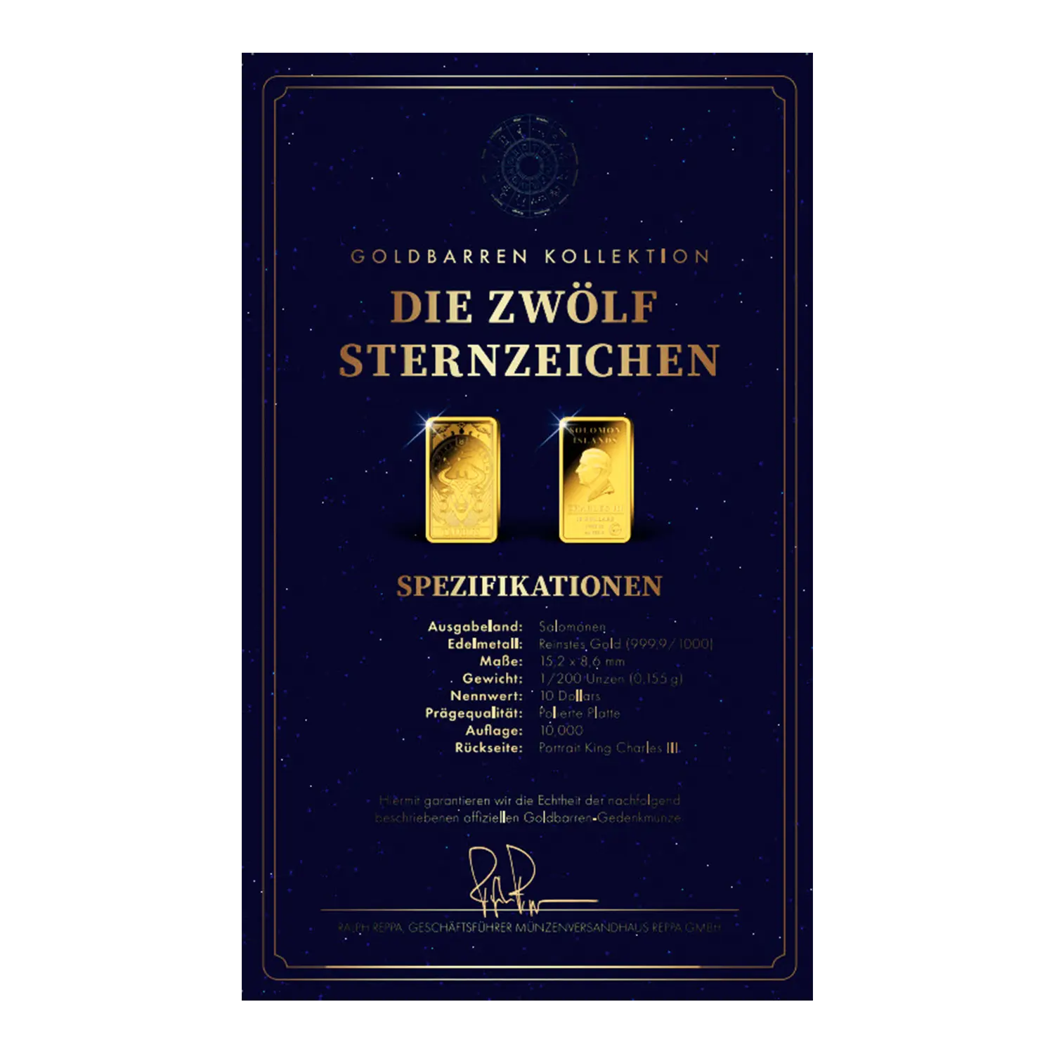 Zwei Goldbarren Sternzeichen Stier auf einem dunkelblauen Zertifikathintergrund.