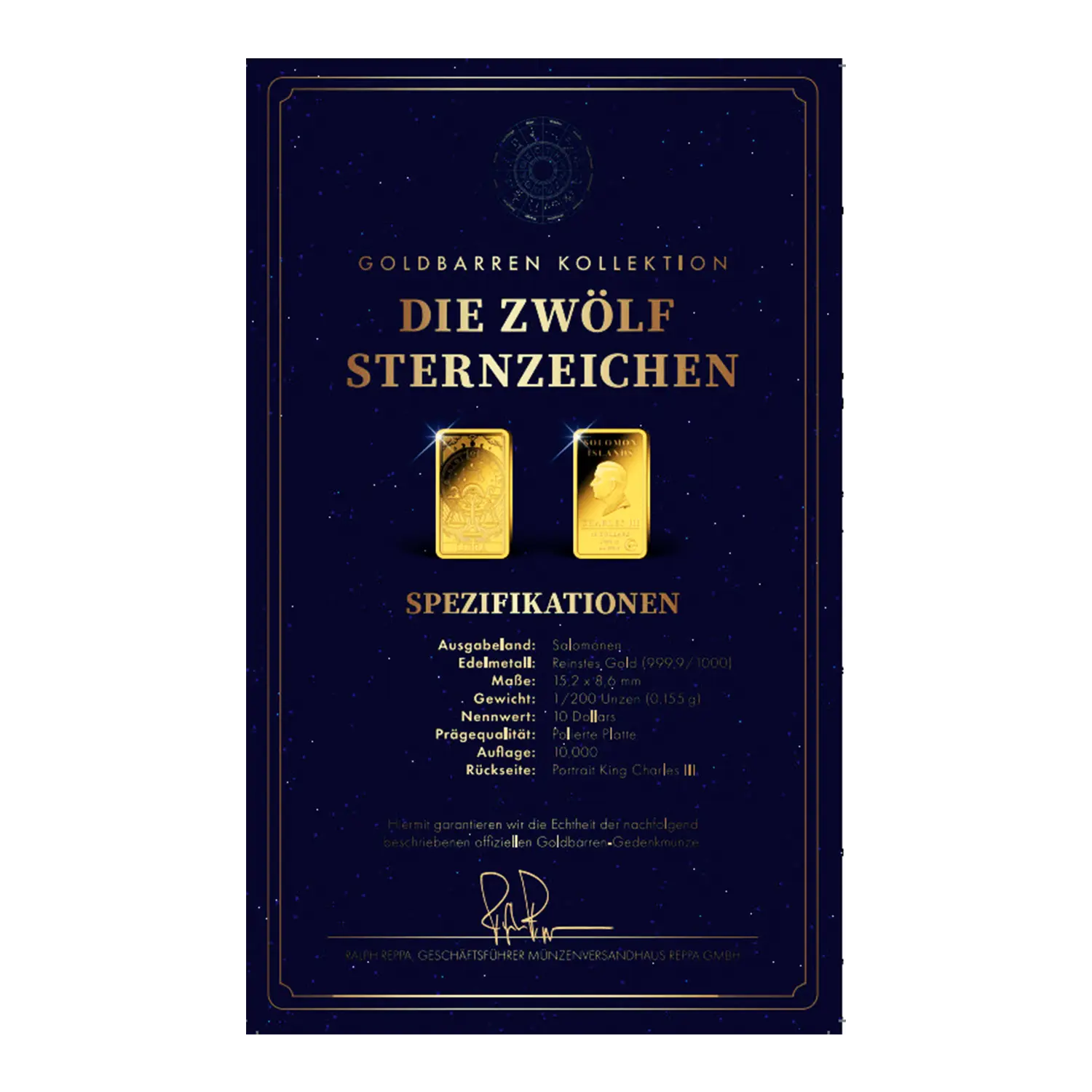 Goldbarren Sternzeichen Waage: dunkles Zertifikat, Feingold 999, Deutsch.