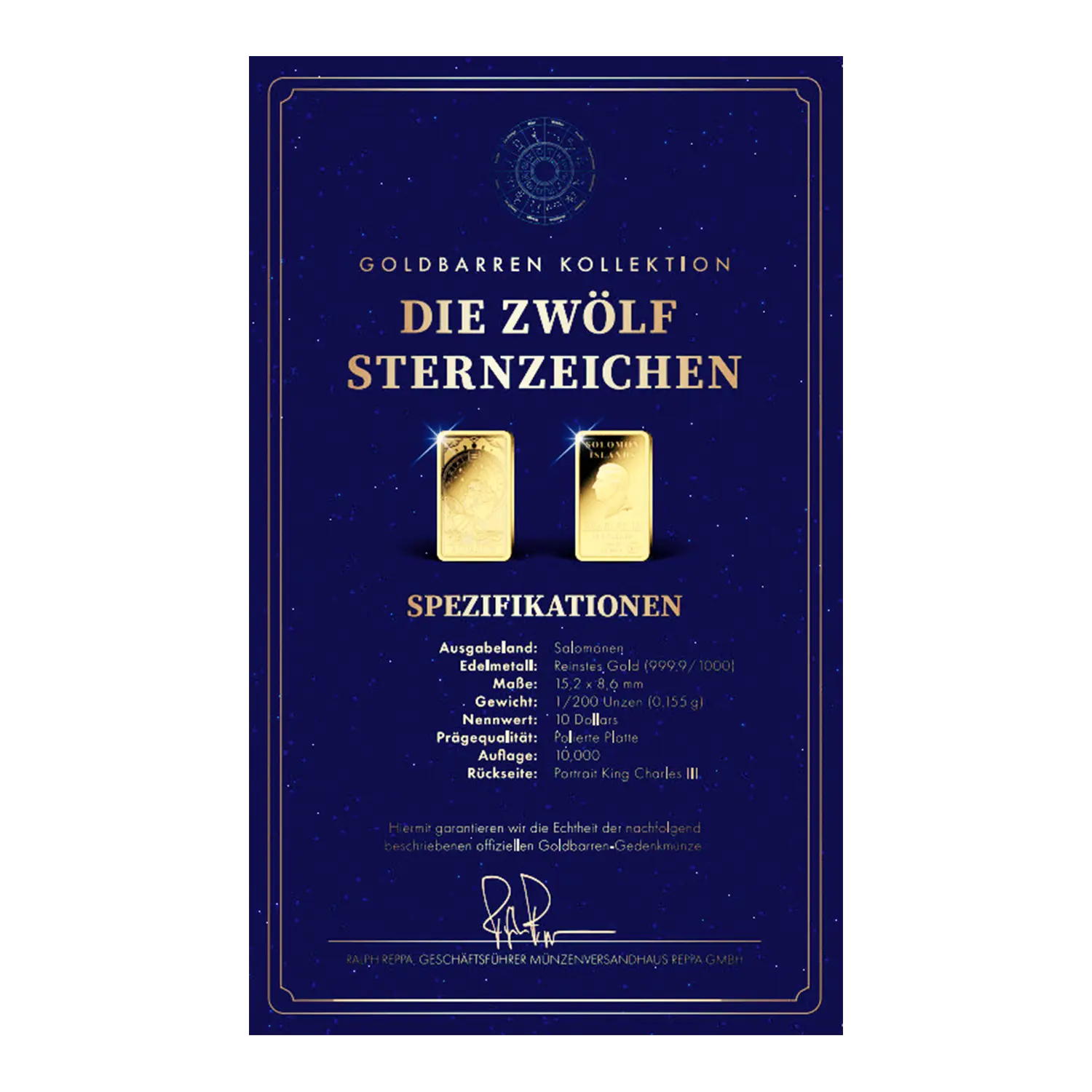 Zertifikat mit 9er Feingold, Goldbarren Sternzeichen Wassermann, Sternzeichentext.