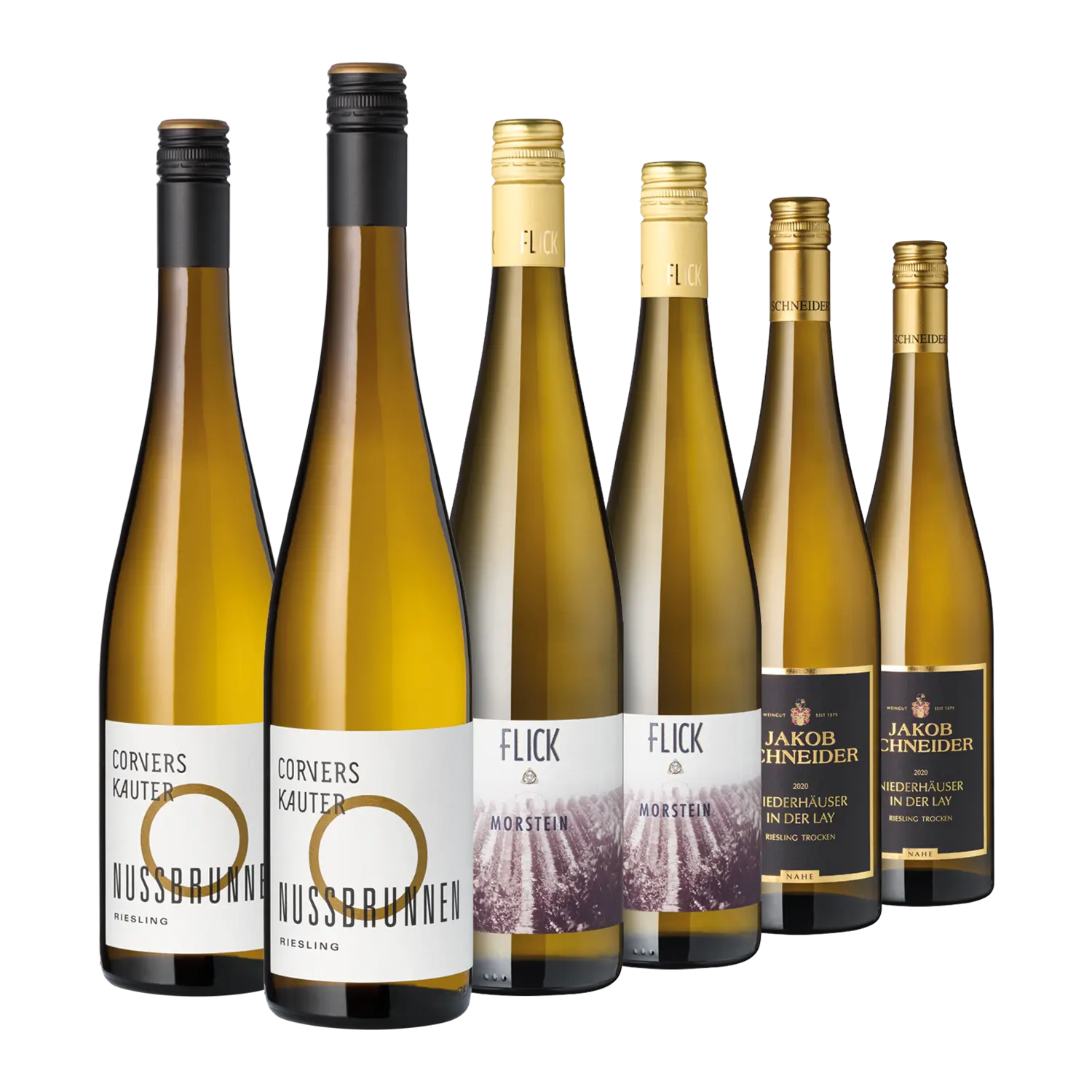 Sechs sortierte Große Gewächse Riesling-Flaschen von der Nahe, aus Rheinhessen und dem Rheingau.