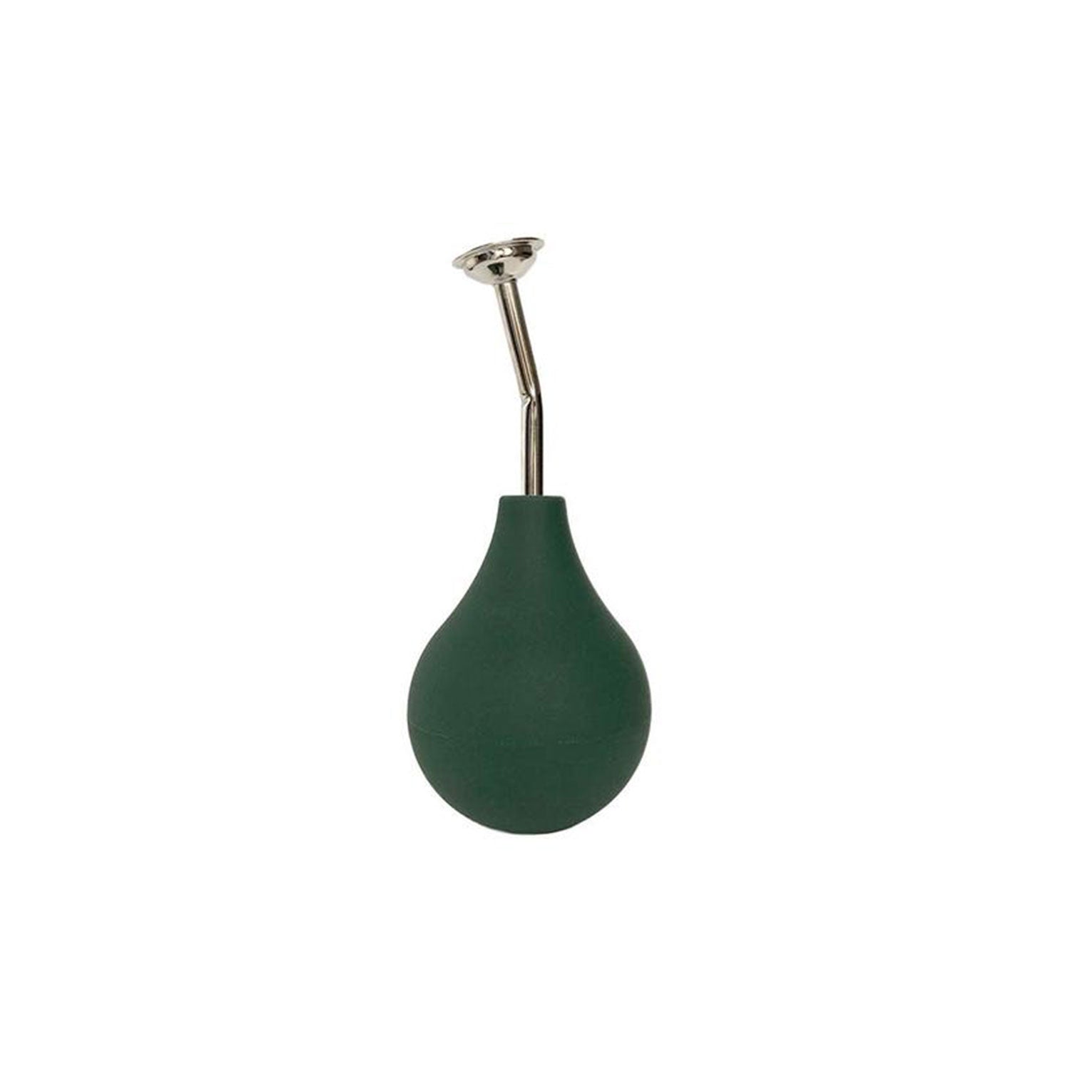 Die Gummiball-Brause - Grün ist eine dunkelgrüne Gummiballspritze mit einer Metalldüse und einer gebogenen Spitze zum Dosieren oder Reinigen von Flüssigkeiten vor einem schlichten weißen Hintergrund.