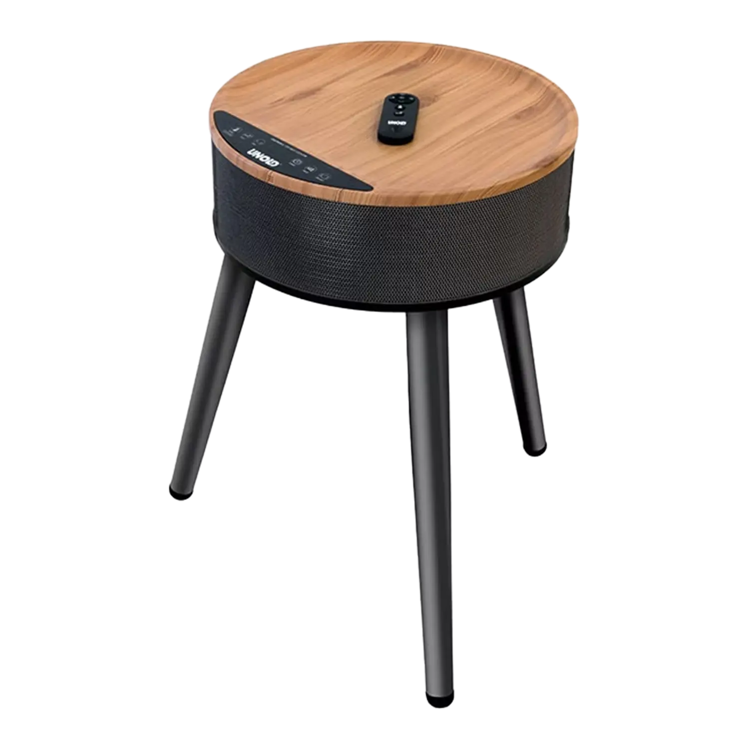 Runder Bluetooth-Tischlautsprecher, Holzoptik, schwarze Beine - Tischheizlüfter Henry.