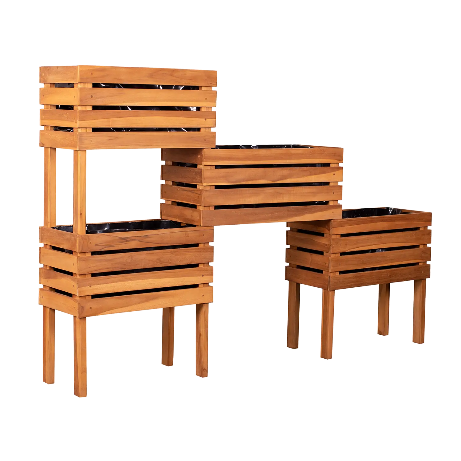 Dreistöckiges Hochbeet aus Teakholz mit horizontalen Latten und erhöhten Beinen.