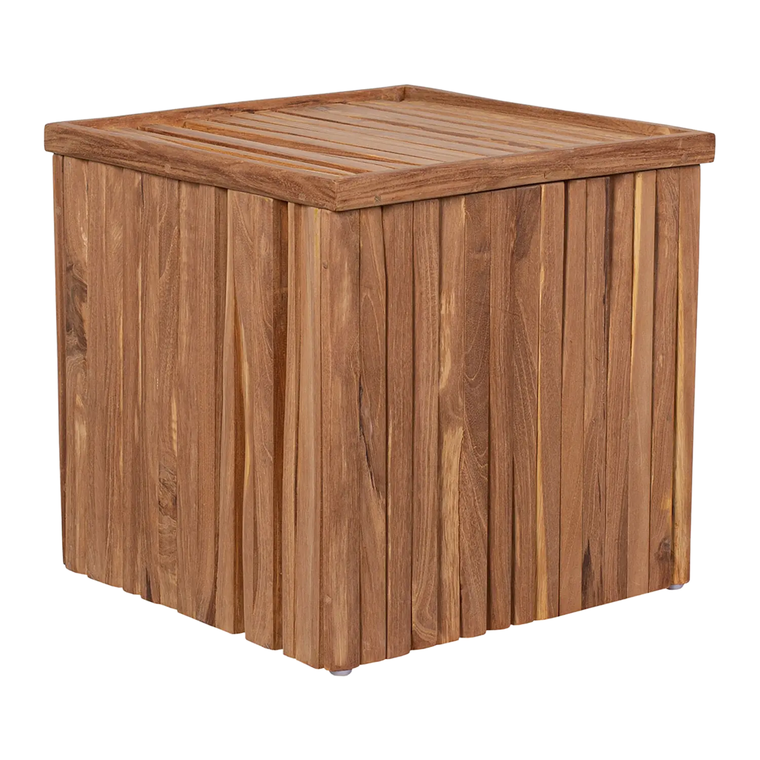 Teakholz-Box Hocker Oxford: Quadratische Holzkiste mit Lattenrost, ideal als Flexcontainer.