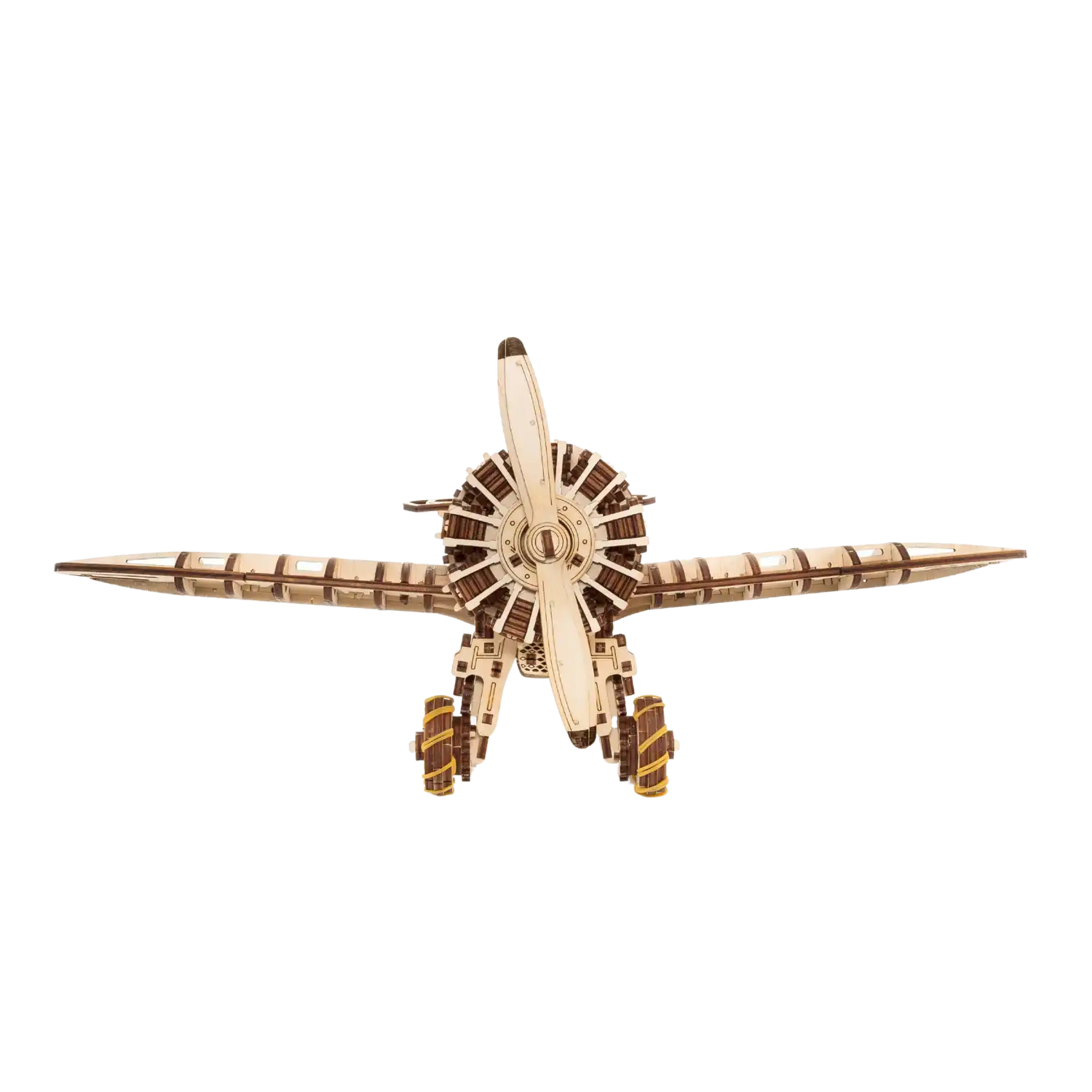 Das 3D-Holzpuzzle Flugzeug ist ein Holzmodell eines Motorflugzeugs mit filigranen Zahnrädern und Propellern aus umweltfreundlichem Schichtholz. Es hat ein symmetrisches Design mit zwei Flügeln und sichtbaren mechanischen Komponenten in heller Holzfarbe.