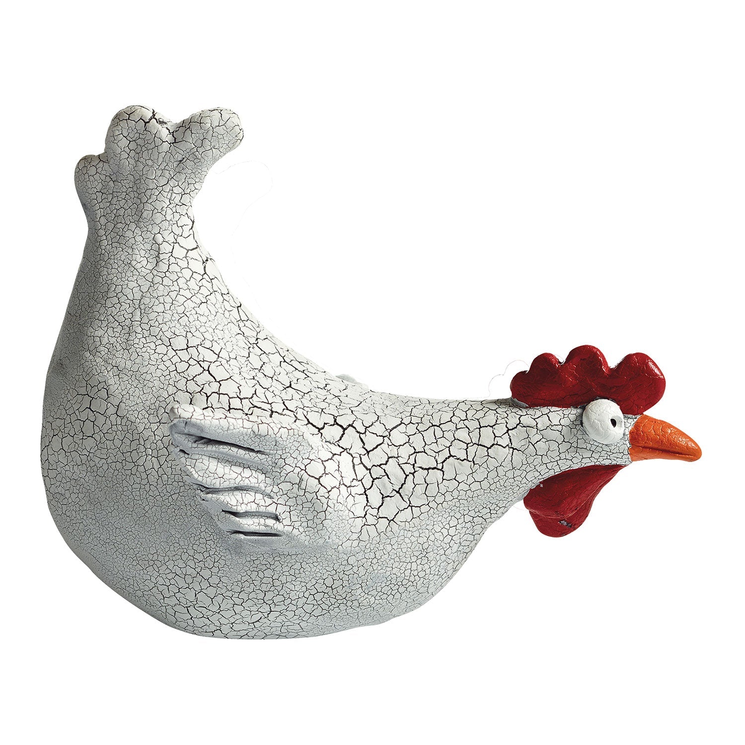 Das Hühnerset „Bea und Ida“ besteht aus einer dekorativen Hühnerskulptur aus Keramik mit rissiger weißer Oberfläche, leuchtend rotem Kamm und Schnabel, die humorvoll auf dem Rücken liegt und mit nach oben gerichteten Beinen eine verspielte Note verleiht.