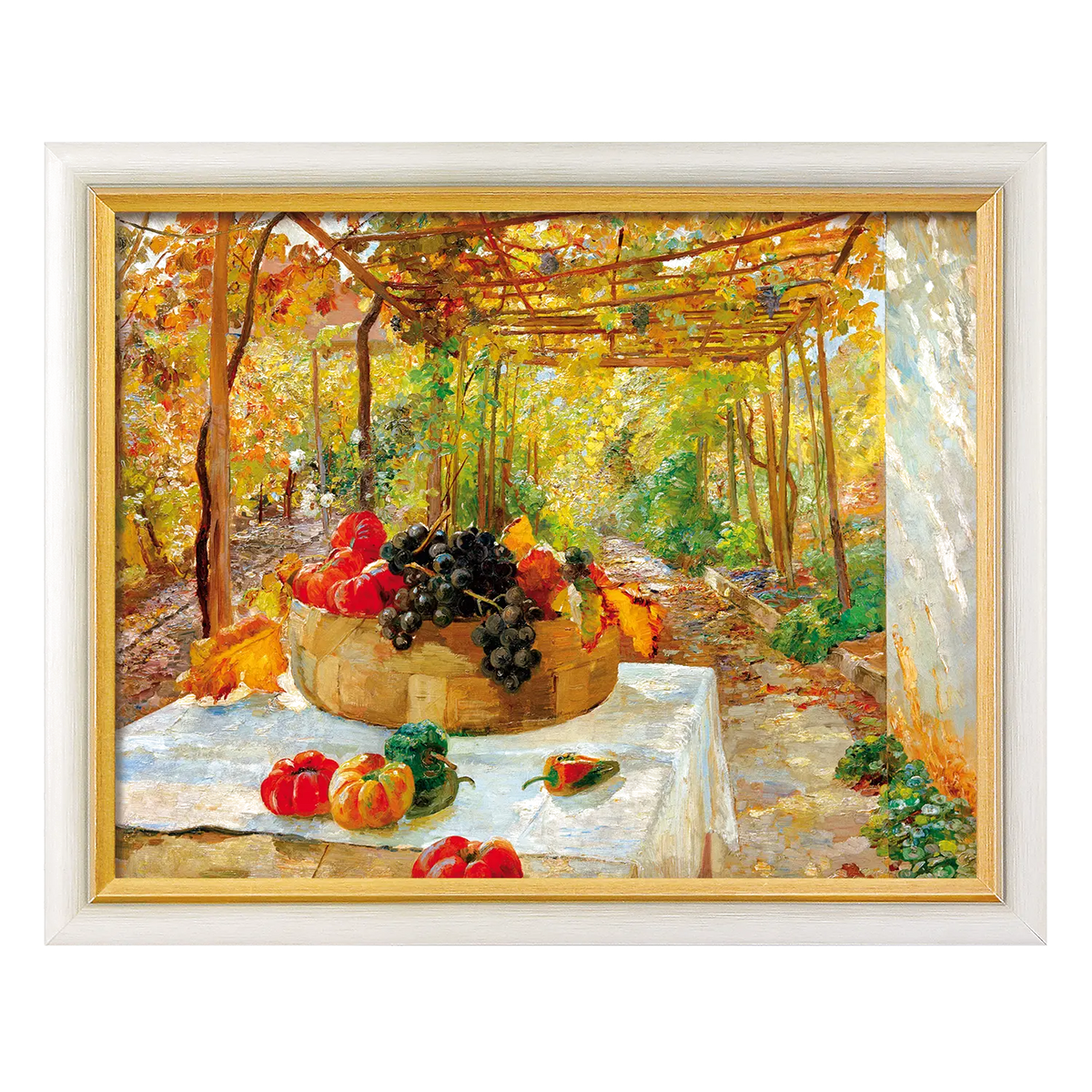 Marie Egner, „In der Pergola" (um 1910) – Giclée-Edition mit Obstkorb unter sonnenbeschienener Pergola, gerahmt