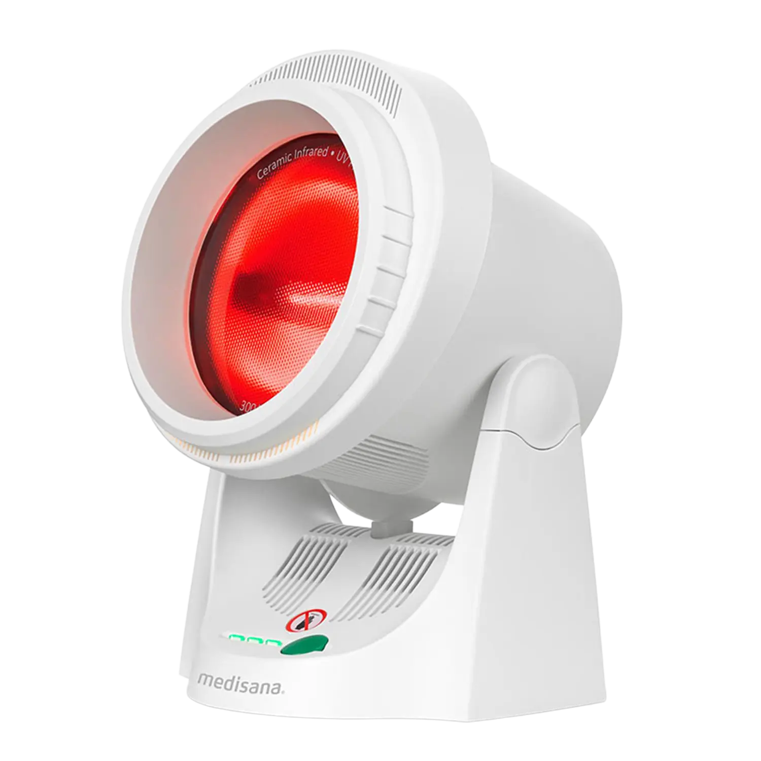 Infrarotlampe mit Timer mit leuchtendem Rotlicht in einem Flexcontainer-Display.