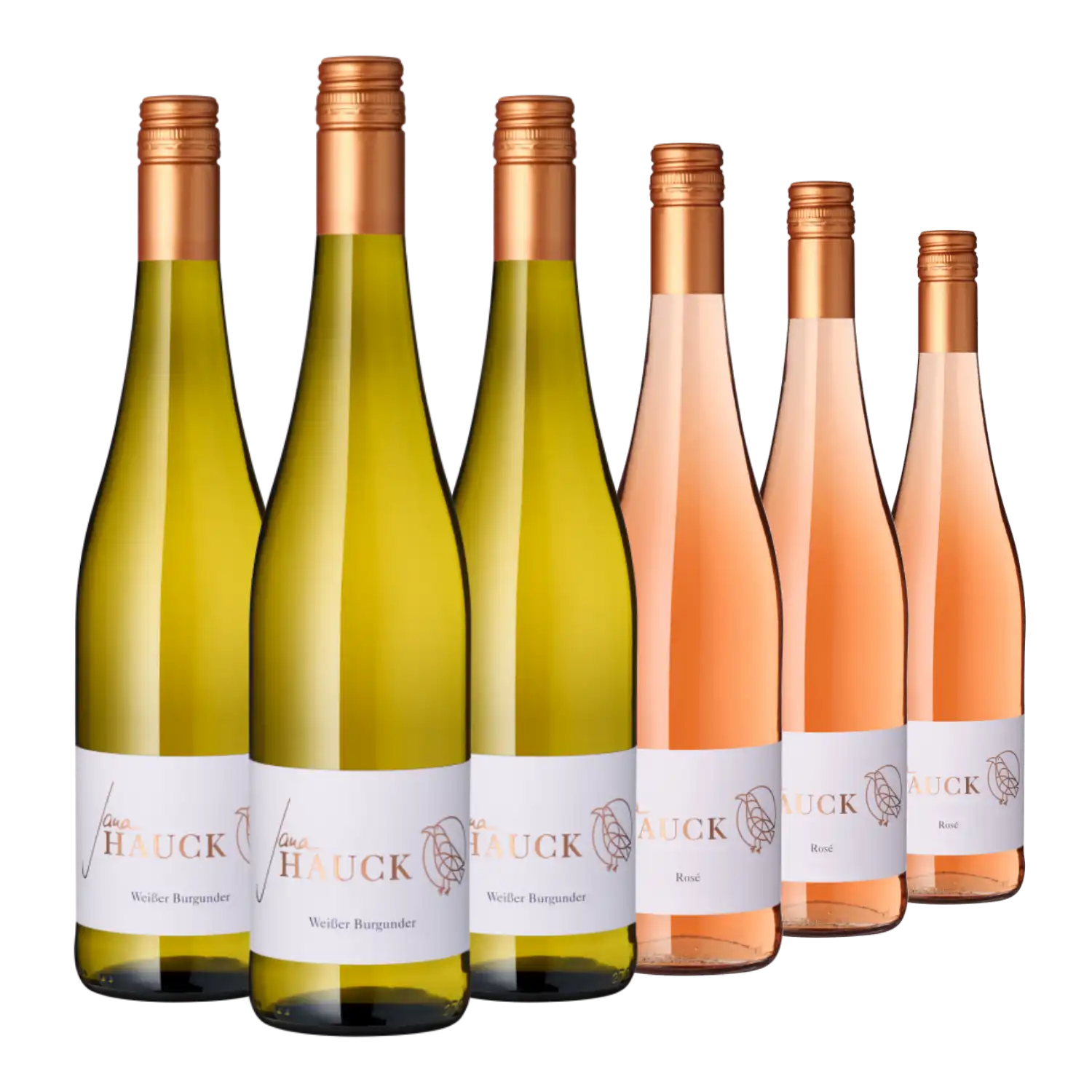 Drei Rheinhessen-Flaschen: Jana Rosé und Jana neuer Jahrgang, in einer Reihe.
