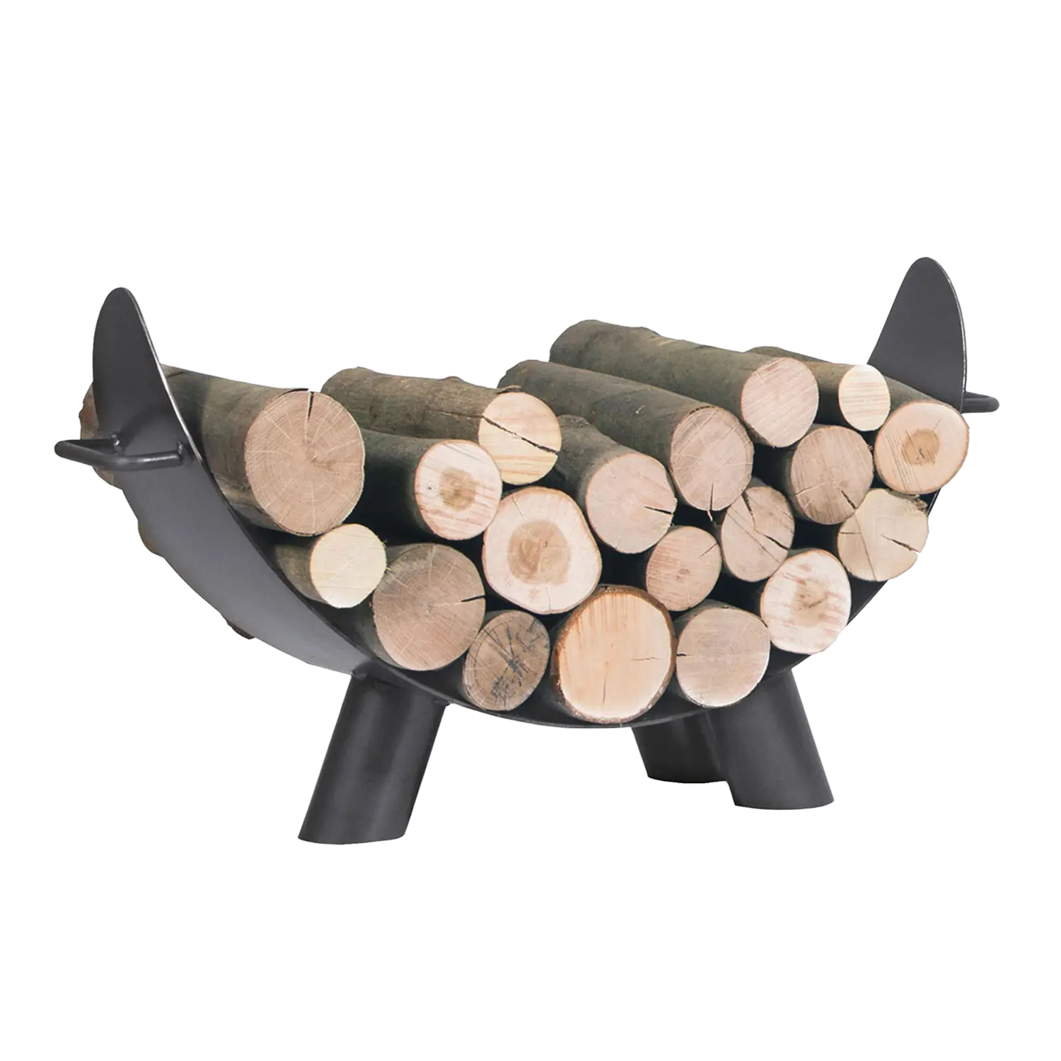 Kaminholzregal Colorado: schwarzer Metallscheithalter, ideal für gestapeltes Kaminholz.