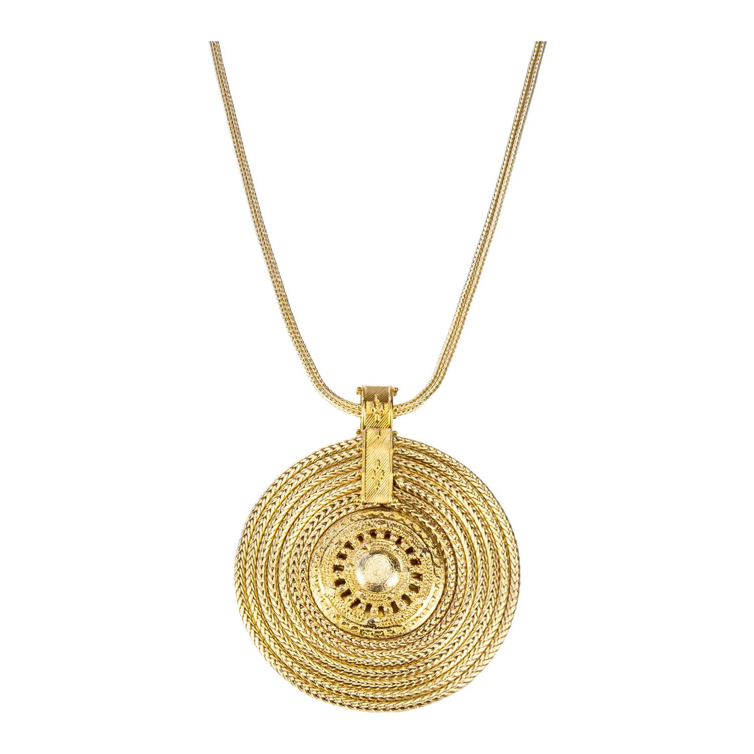 Collier Aton-Sonnenrad vergoldetes Collier mit verschnörkeltem Anhänger an dünner Kette.