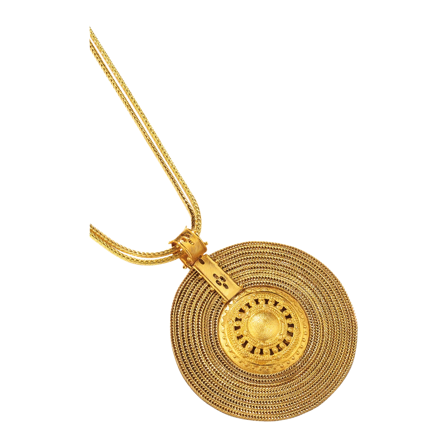 Collier Aton-Sonnenrad vergoldet mit einem großen, runden Anhänger.