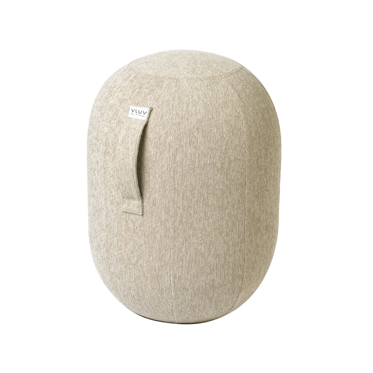 Beiger Stoff-Gymnastikball KAPSUL STOV Balancekapsel mit Griff und kleinem weißen Etikett an der Seite, ideal für ergonomisches Sitzen, isoliert auf weißem Hintergrund.