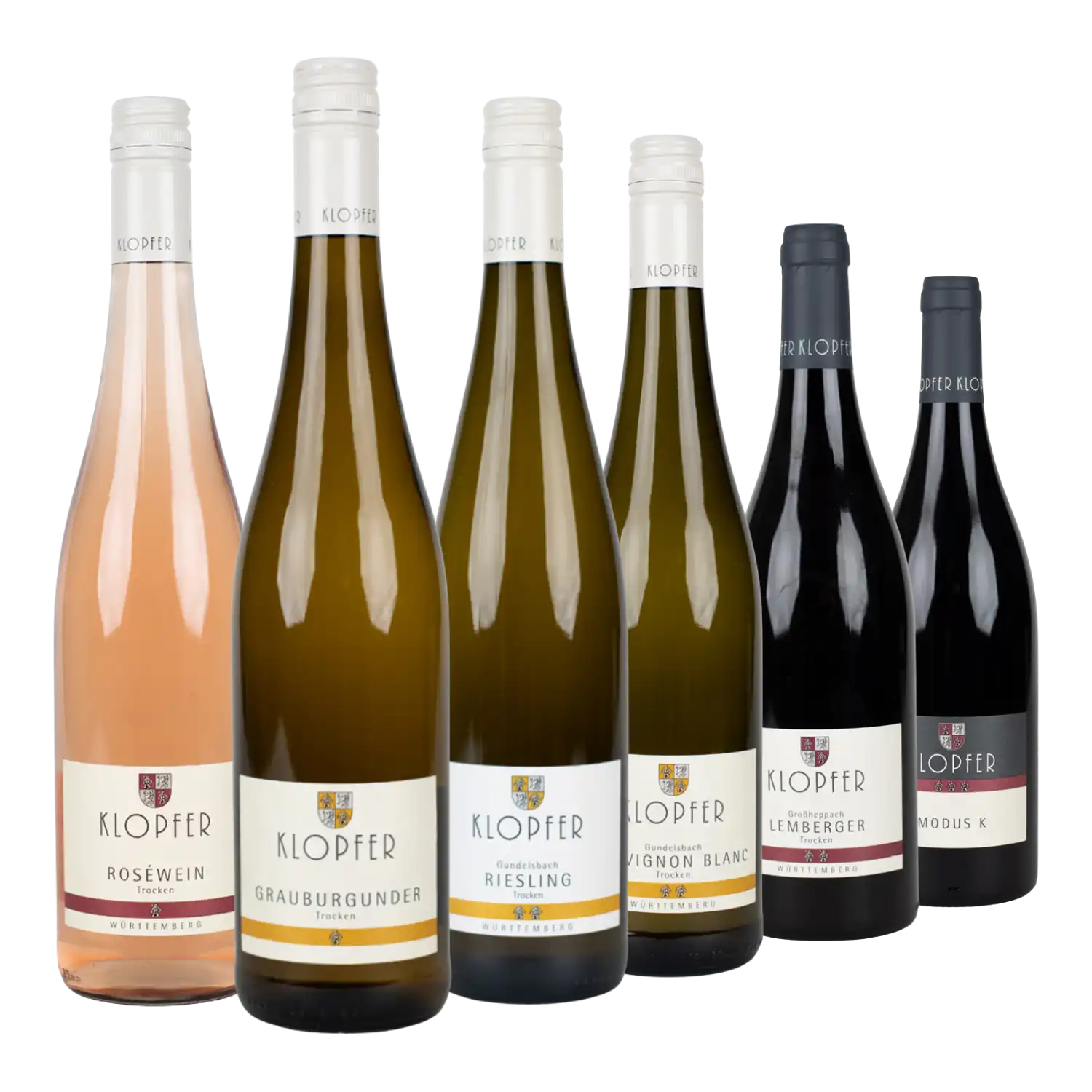 Sechs Flaschen Weinpaket Weingut Klopfer aus Großheppach - Rosé, Weiß, Rot.