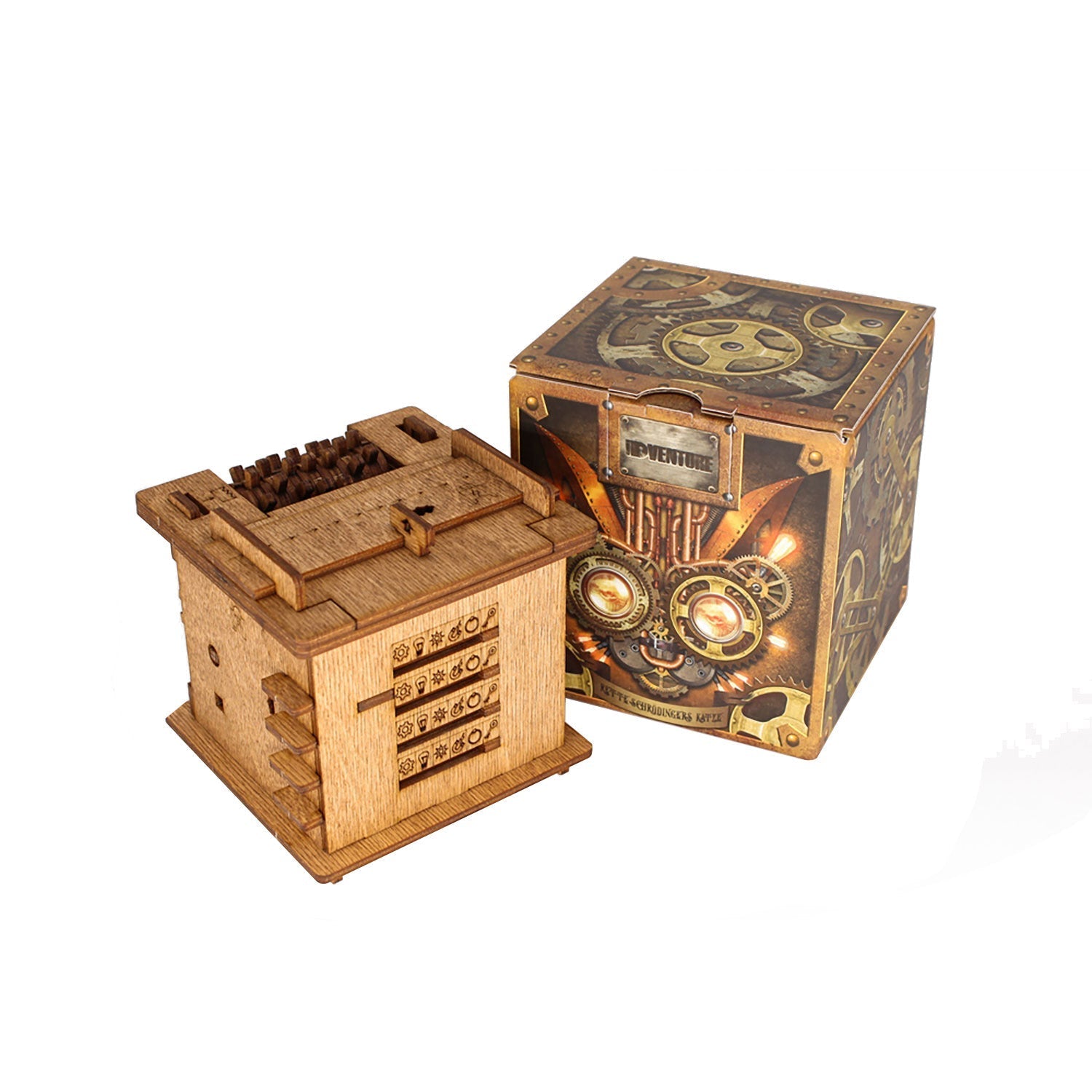 Knobelbox Schrödingers Katze aus Holz mit Zahnrädern und Zahlenschloss in Steampunk-Verpackung