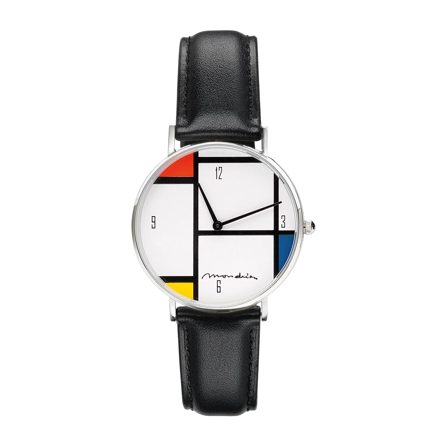 Armbanduhr Tableau Nr. IV von Mondrian mit geometrischem Design und Lederarmband.