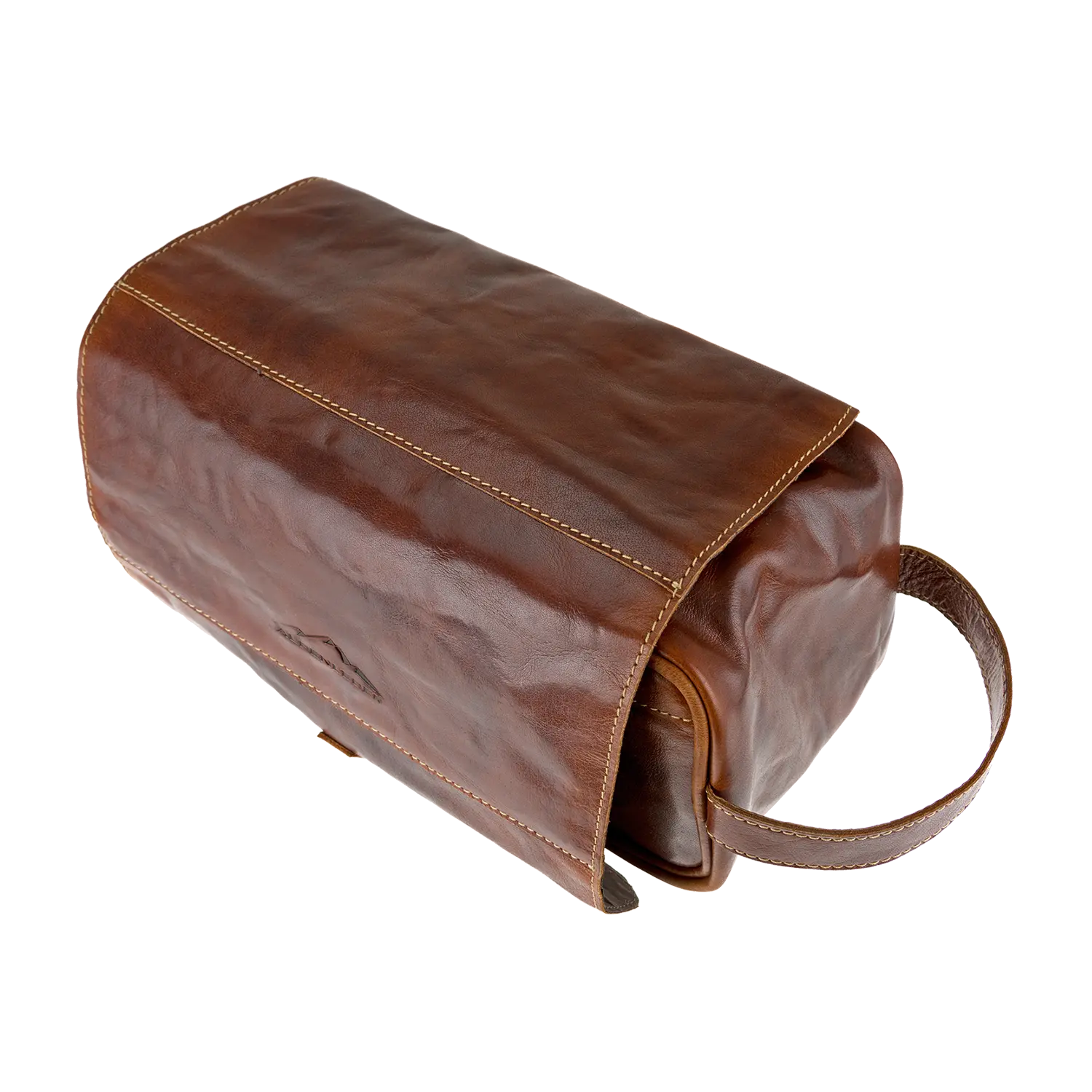 Die Kulturtasche für Damen und Herren verfügt über ein elegantes braunes Lederdesign mit seitlichem Griff, sichtbaren Nähten und einer Öffnung mit Reißverschluss sowie einem wasserabweisenden Futter für zusätzliche Haltbarkeit.