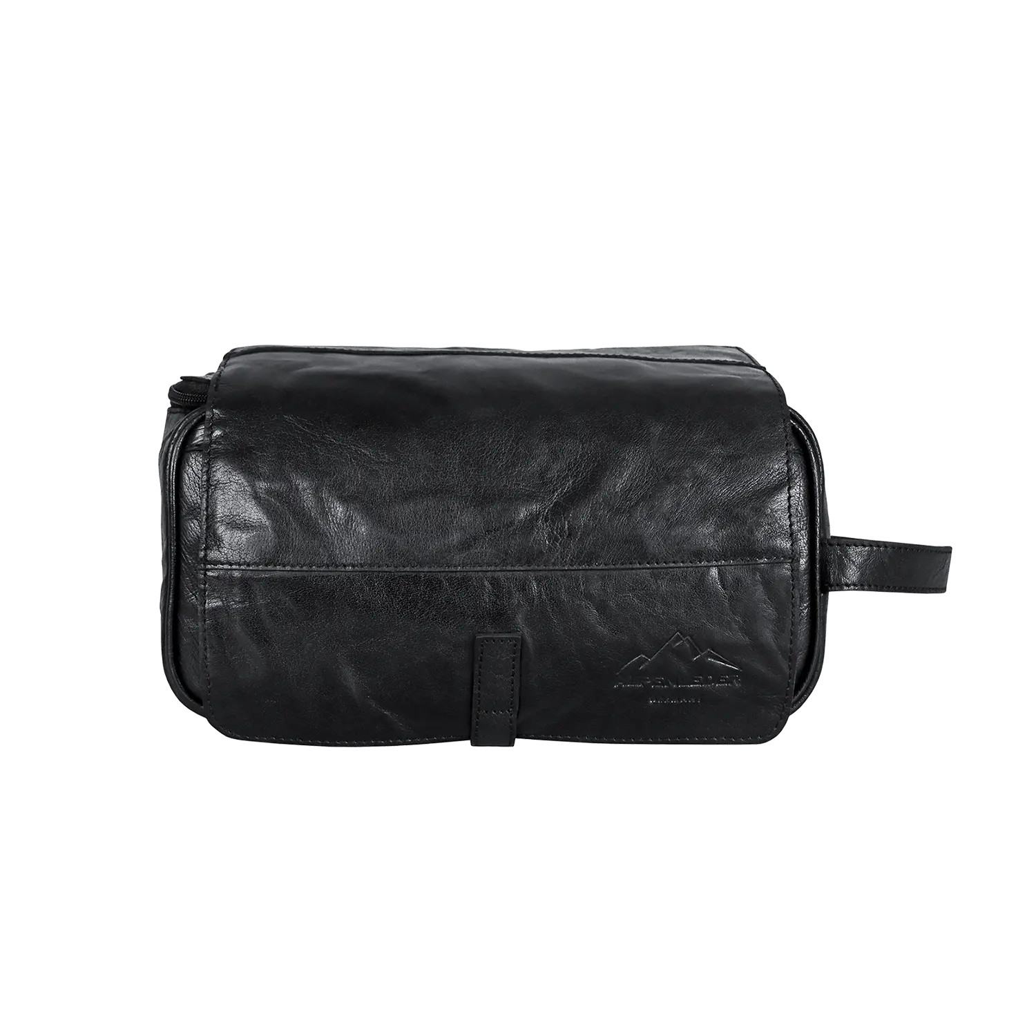 Eine schwarze Kulturtasche für Damen und Herren mit seitlichem Griff und eingeprägtem Berglogo unten rechts. Der rechteckige Kulturbeutel verfügt über einen oberen Reißverschluss und wasserabweisendes Innenfutter.