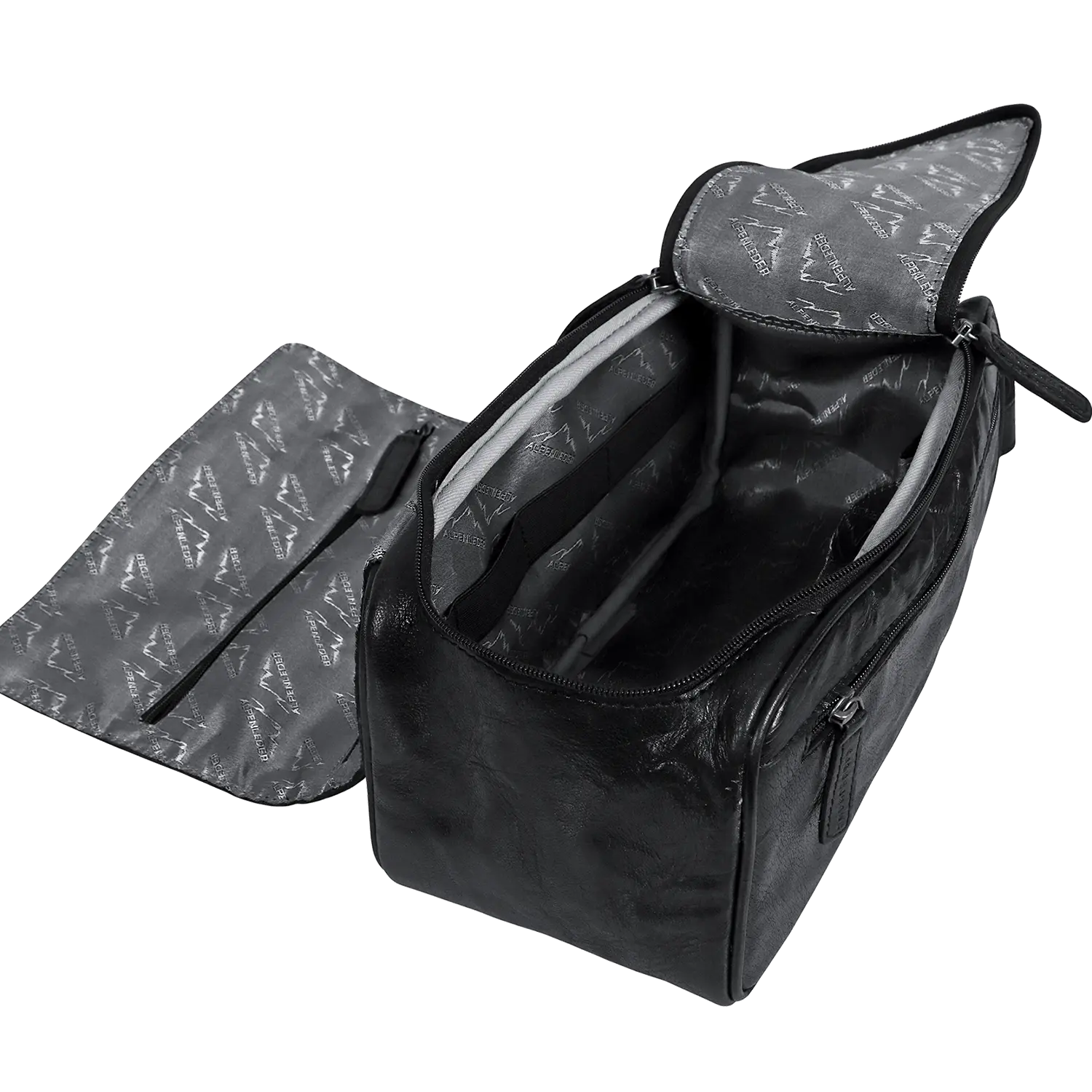 Die offene Kulturtasche für Damen und Herren aus schwarzem Leder hat einen teilweise geöffneten Reißverschluss, der den Blick auf das graue Innere mit einem sich wiederholenden Muster freigibt. Es verfügt über eine zusätzliche Seitentasche mit Reißverschluss und verfügt über wasserabweisendes Innenfutter für zusätzlichen Schutz.